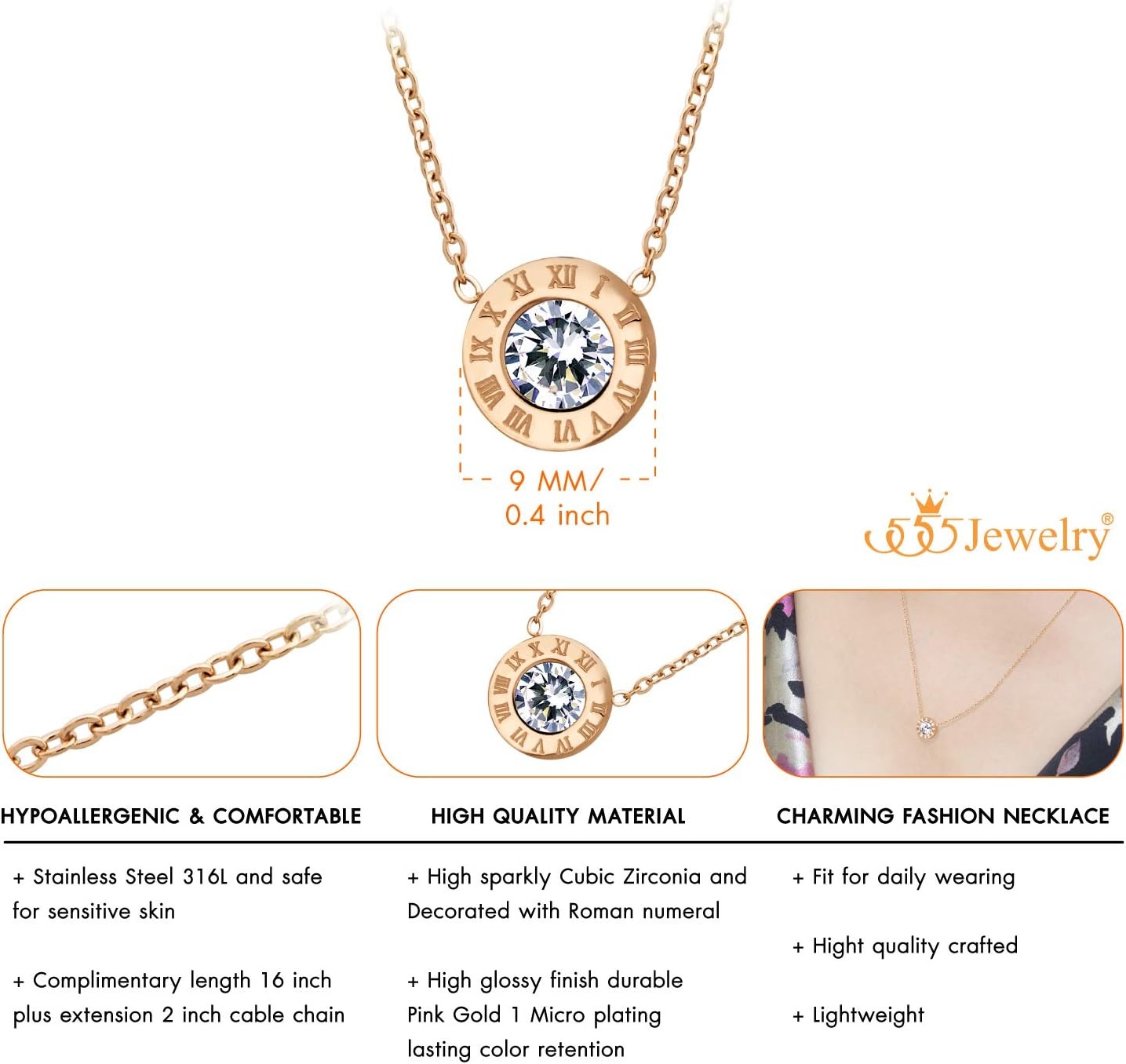 image:image555Jewelry Stainless Steel Roman Letters Solitaire CZ Necklace for Women amp LadiesRose Gold