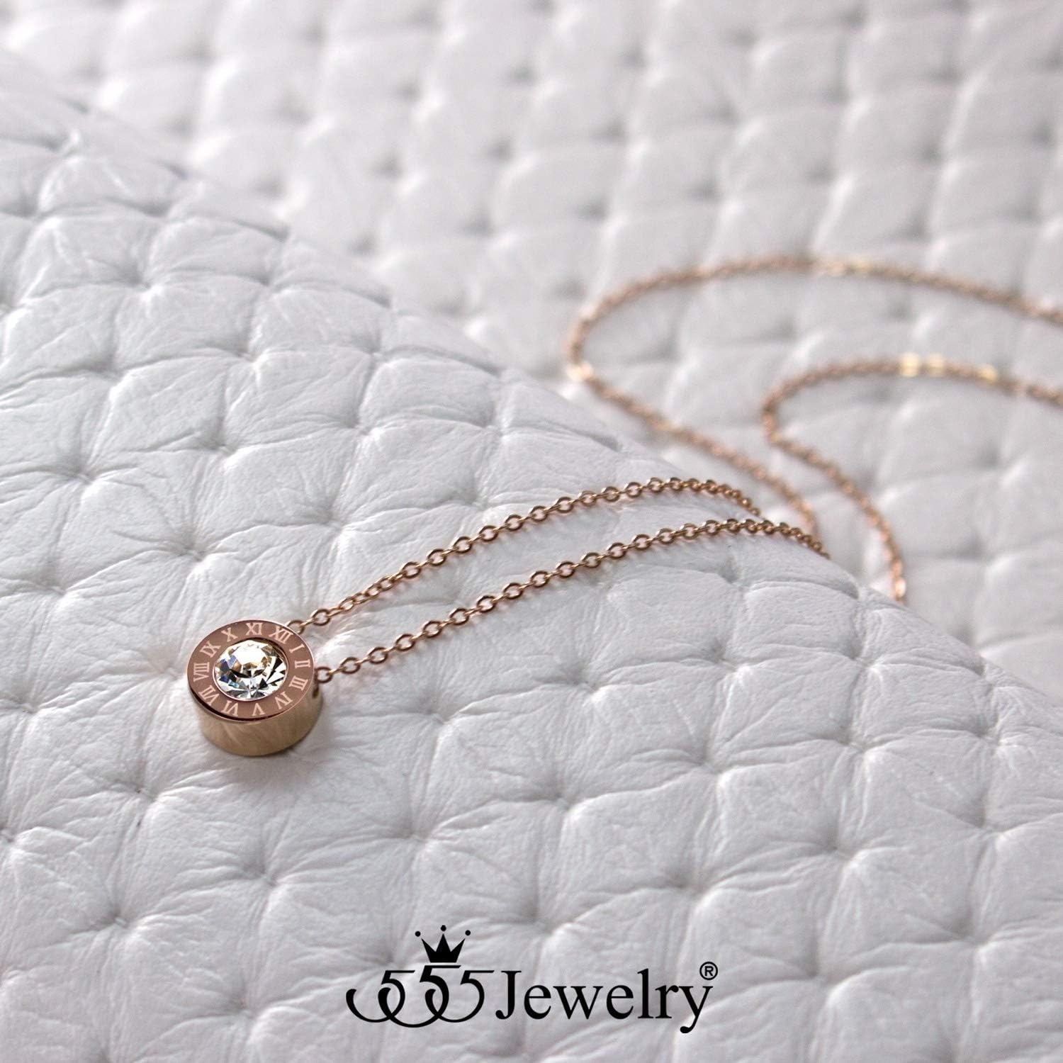 image:image555Jewelry Stainless Steel Roman Letters Solitaire CZ Necklace for Women amp LadiesRose Gold