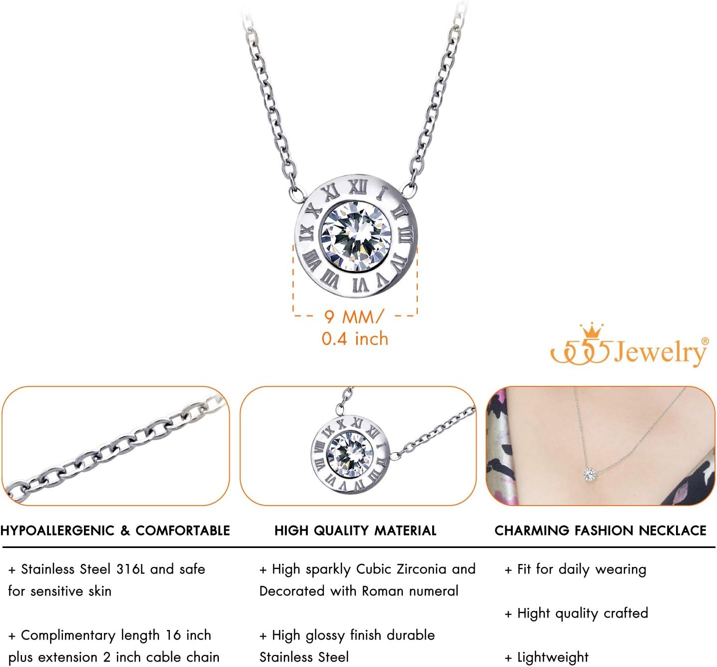 image:image555Jewelry Stainless Steel Roman Letters Solitaire CZ Necklace for Women amp LadiesSilver