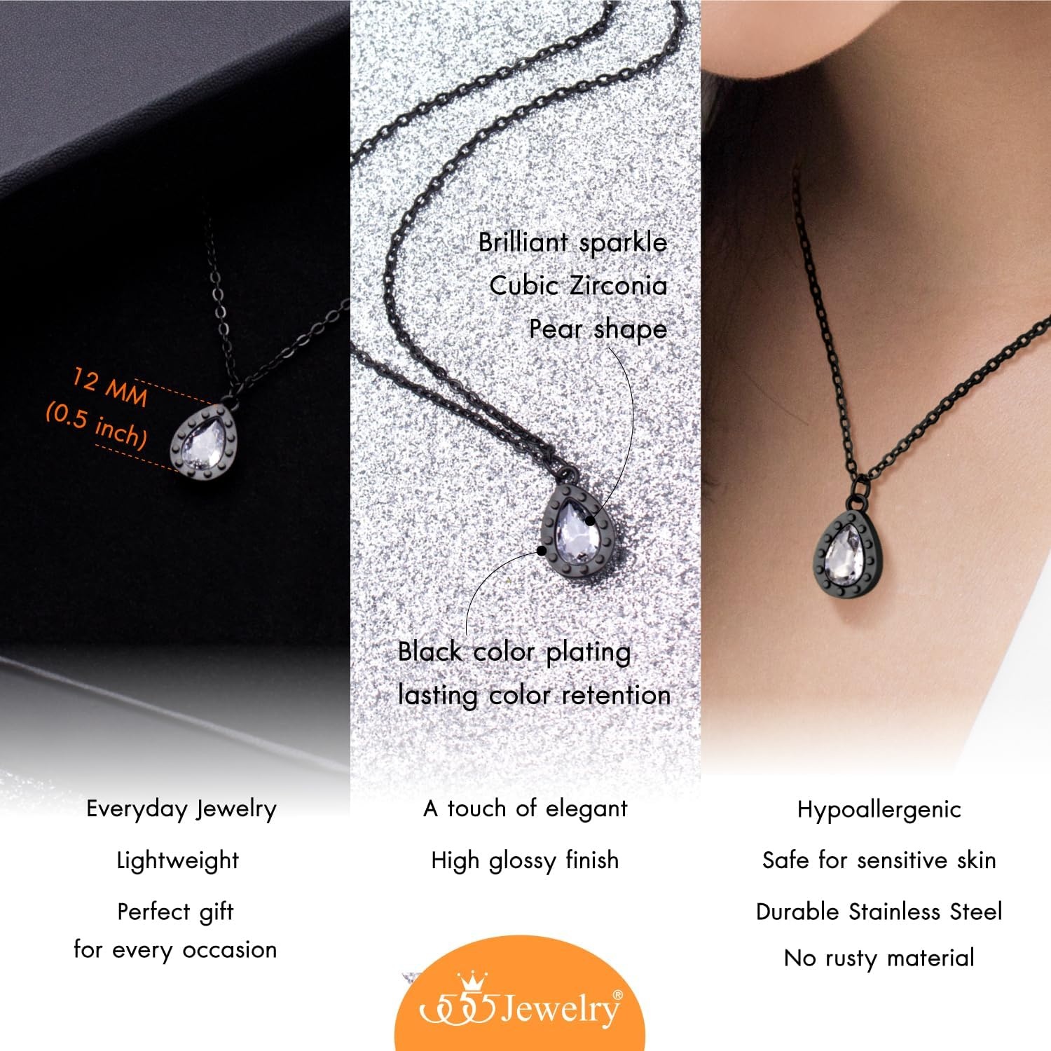 image:image555Jewelry Stainless Steel Sparkly CZ Teardrop Bridal Necklace for Women amp GirlsBlack