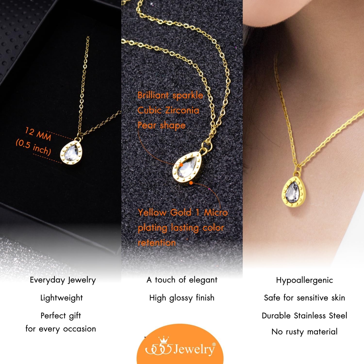 image:image555Jewelry Stainless Steel Sparkly CZ Teardrop Bridal Necklace for Women amp GirlsGold