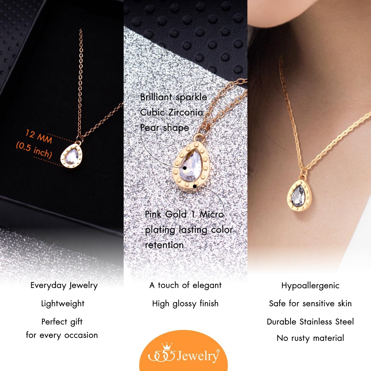 image:image555Jewelry Stainless Steel Sparkly CZ Teardrop Bridal Necklace for Women amp GirlsRose Gold