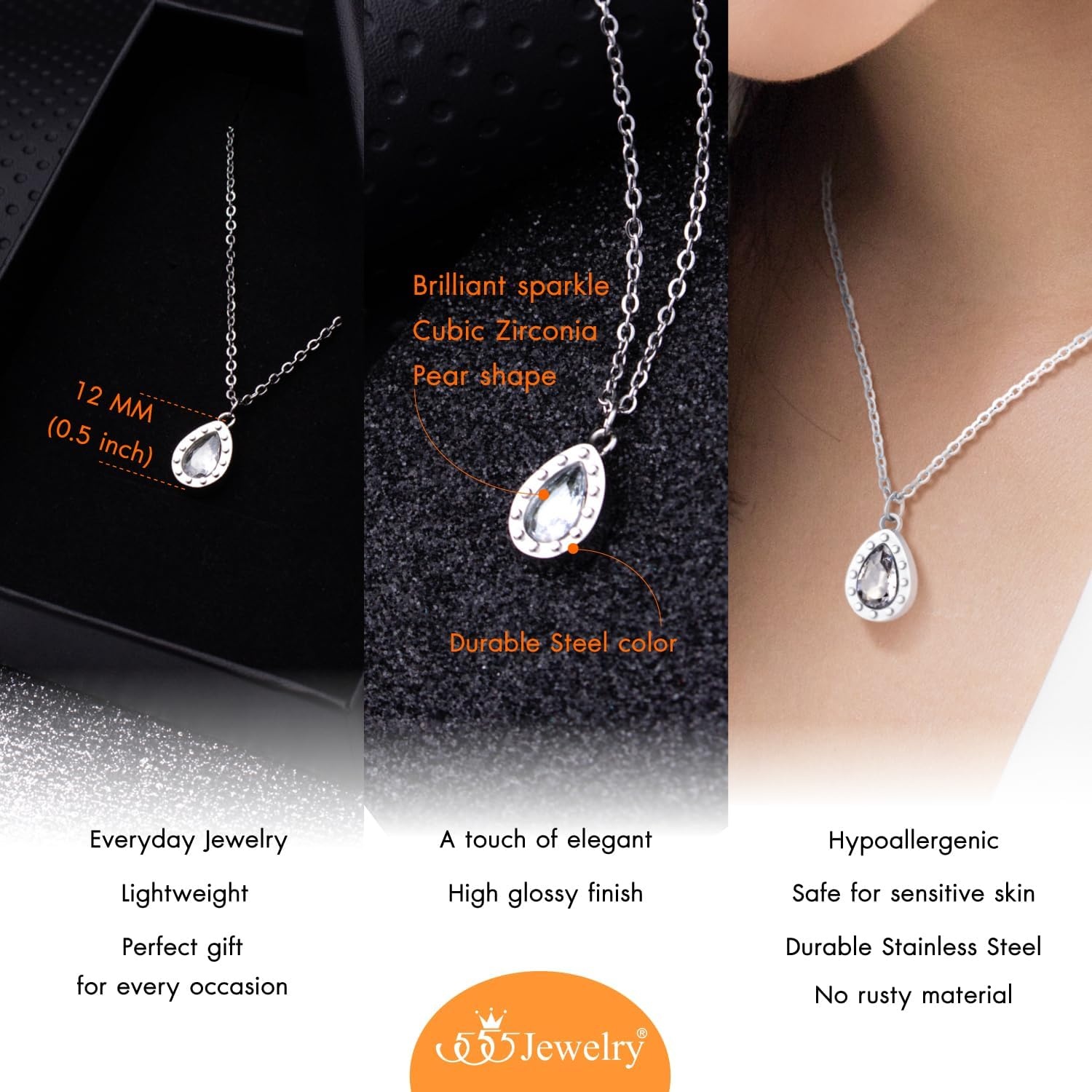 image:image555Jewelry Stainless Steel Sparkly CZ Teardrop Bridal Necklace for Women amp GirlsSilver
