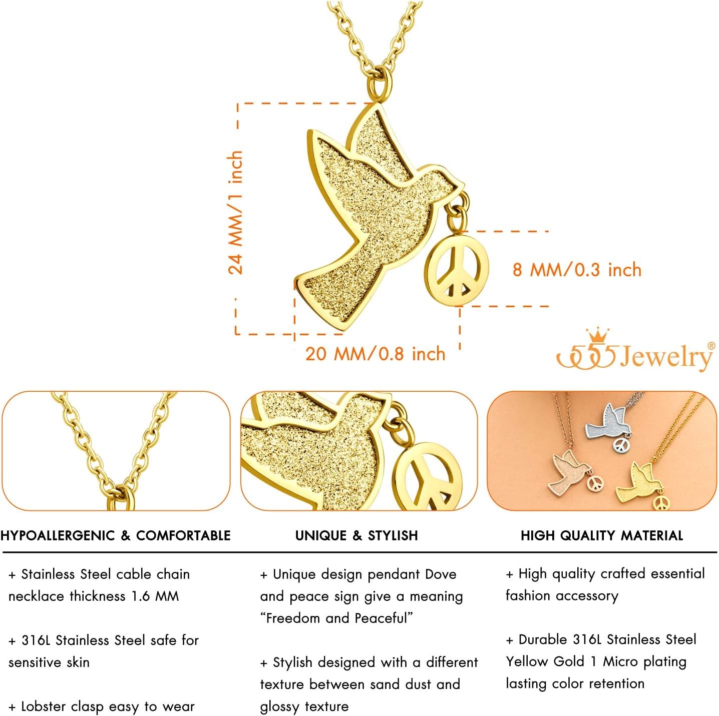 image:image555Jewelry Stainless Steel Sparkly Dove amp Peace Charm Necklace for Women amp LadiesGold