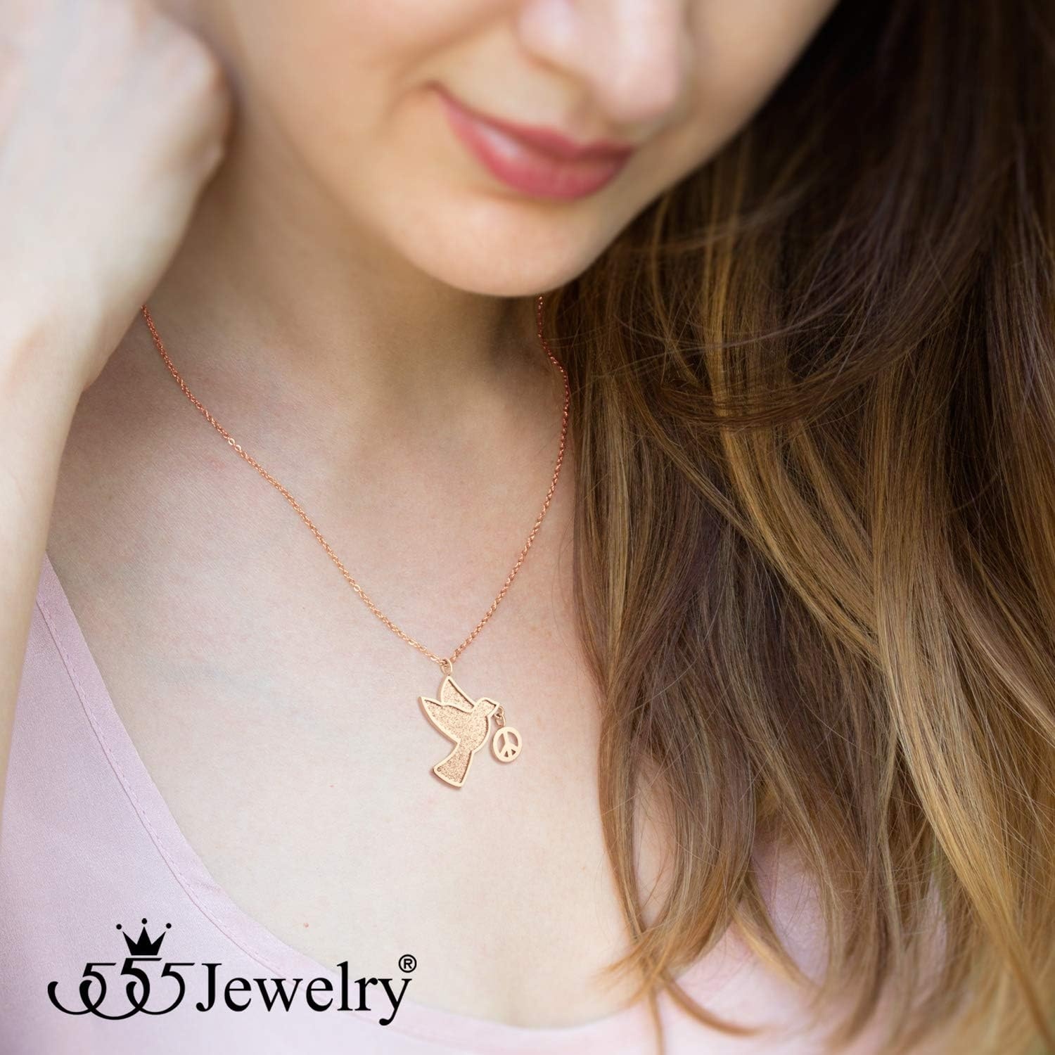 image:image555Jewelry Stainless Steel Sparkly Dove amp Peace Charm Necklace for Women amp LadiesRose Gold