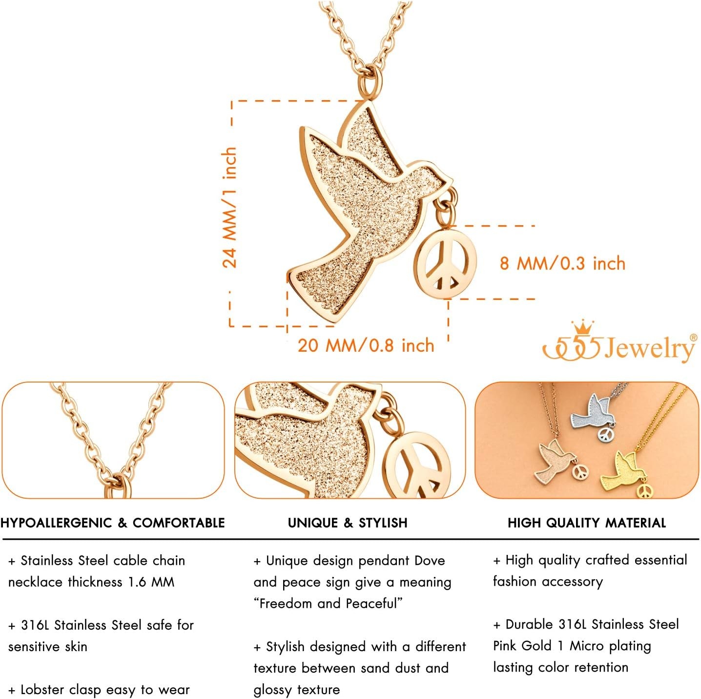 image:image555Jewelry Stainless Steel Sparkly Dove amp Peace Charm Necklace for Women amp LadiesRose Gold