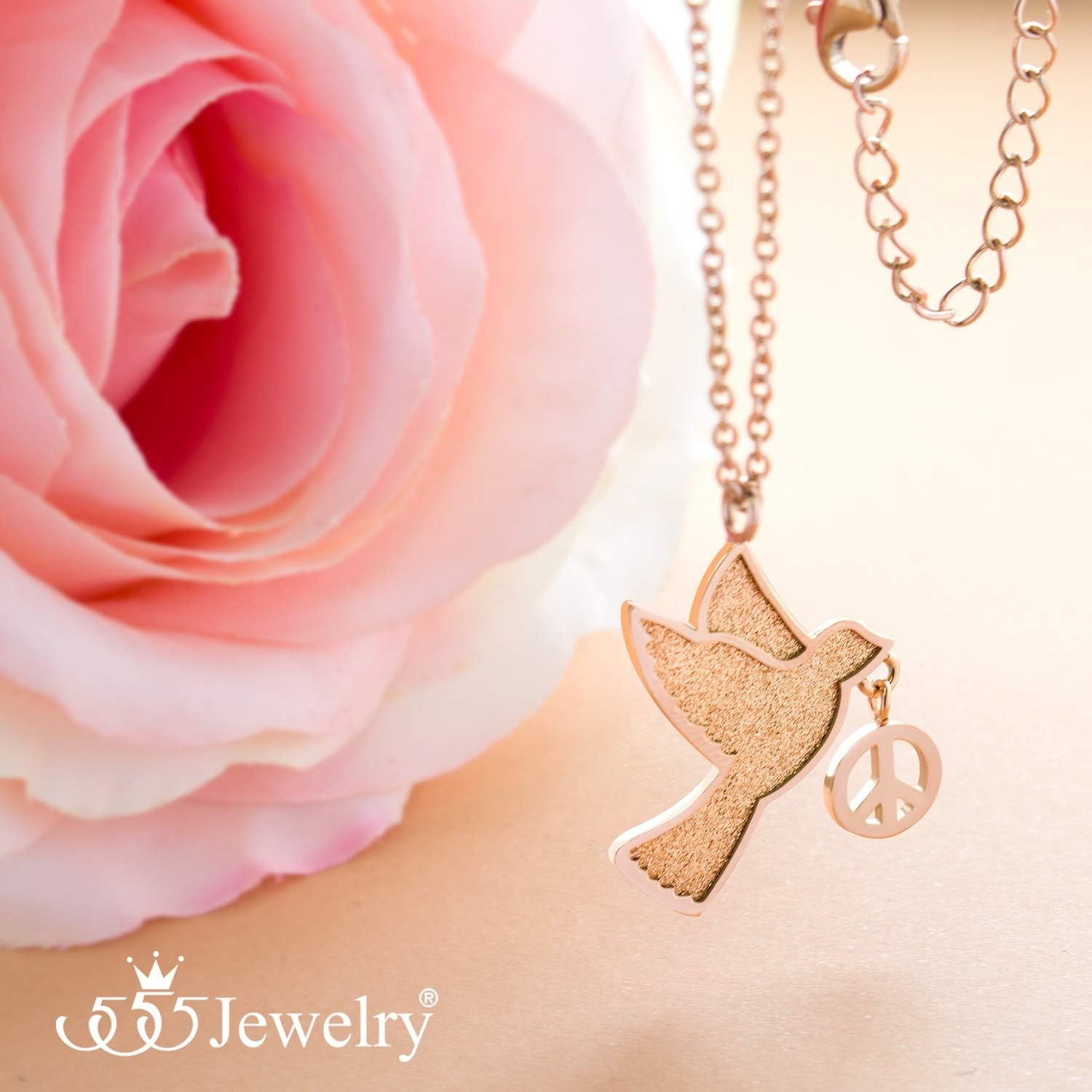 image:image555Jewelry Stainless Steel Sparkly Dove amp Peace Charm Necklace for Women amp LadiesRose Gold