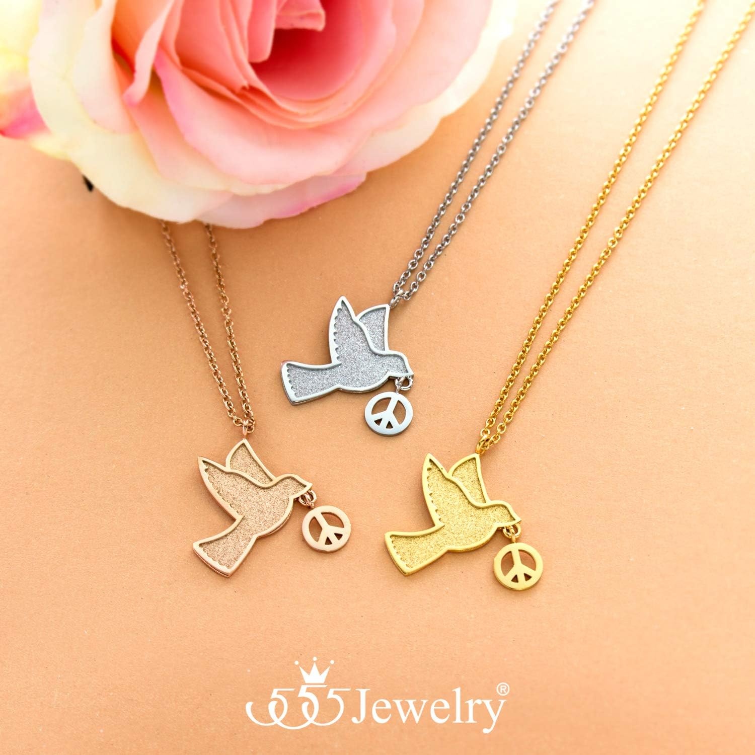 image:image555Jewelry Stainless Steel Sparkly Dove amp Peace Charm Necklace for Women amp LadiesRose Gold