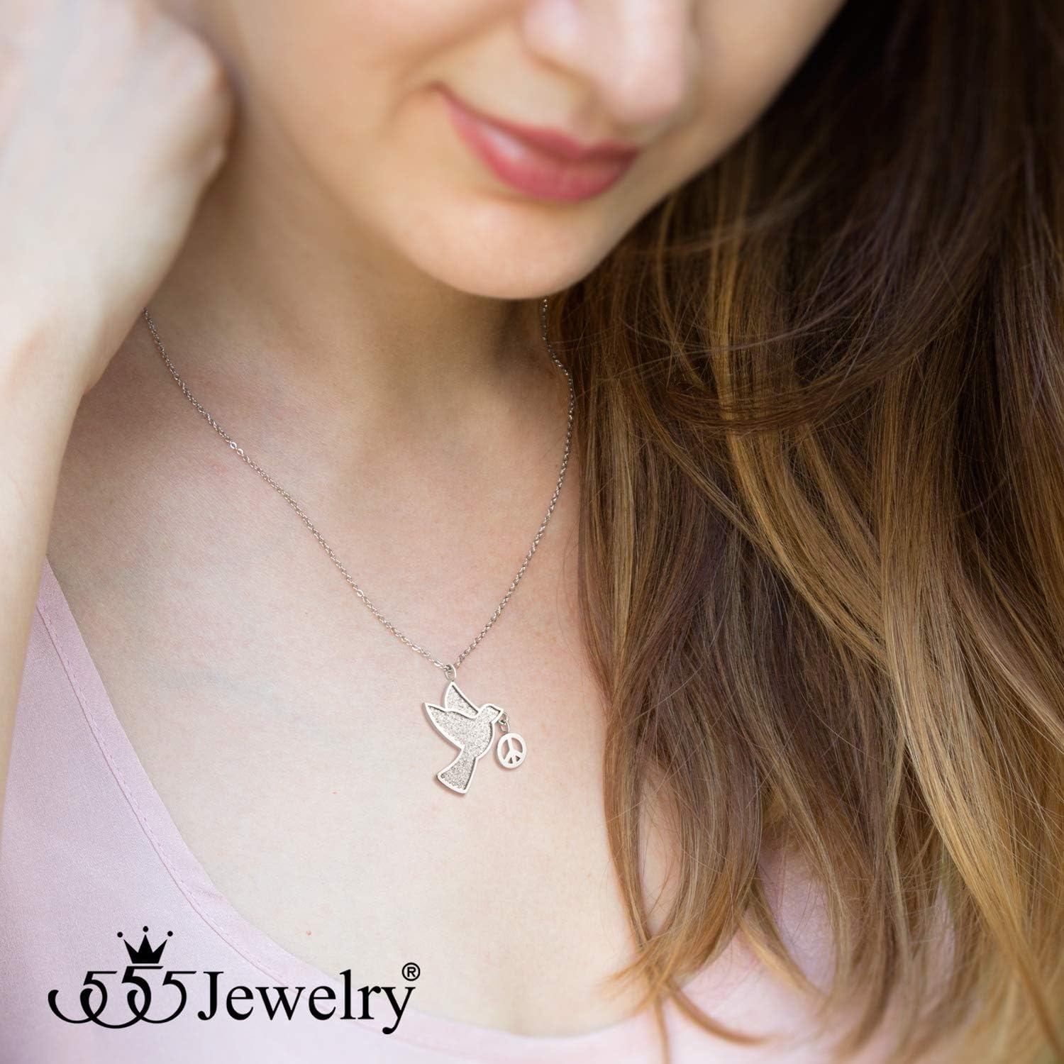 image:image555Jewelry Stainless Steel Sparkly Dove amp Peace Charm Necklace for Women amp LadiesSilver
