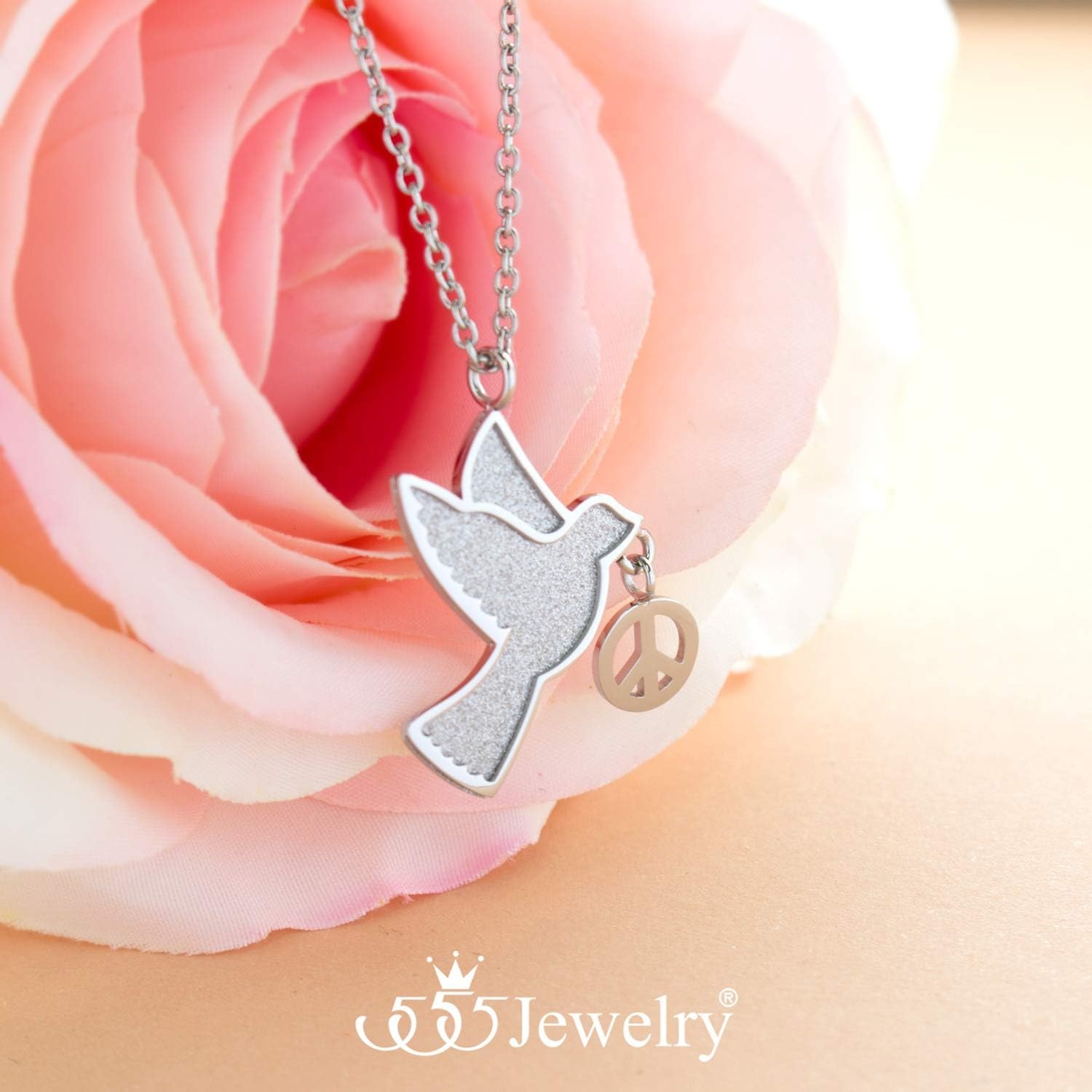 image:image555Jewelry Stainless Steel Sparkly Dove amp Peace Charm Necklace for Women amp LadiesSilver