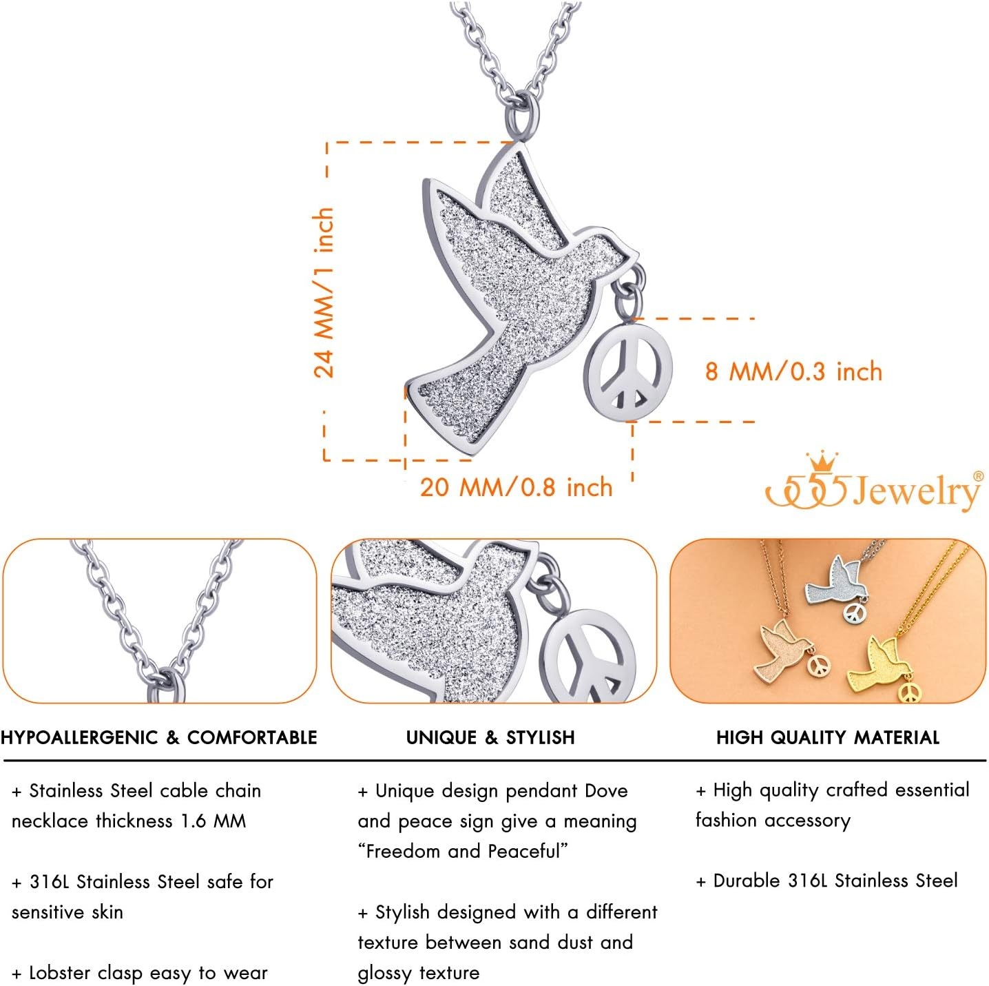 image:image555Jewelry Stainless Steel Sparkly Dove amp Peace Charm Necklace for Women amp LadiesSilver