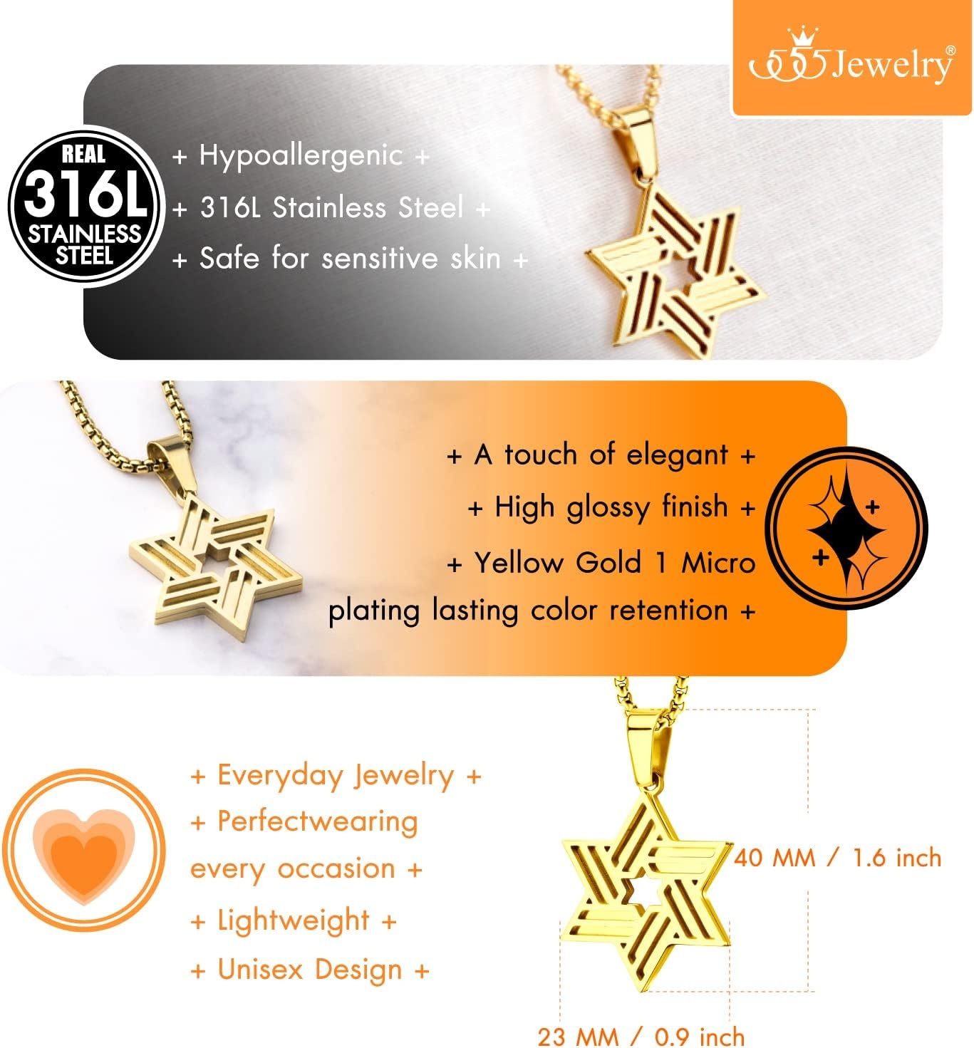 image:image555Jewelry Stainless Steel Star of David Necklace for Men amp Women 1624 Inch Box ChainGold