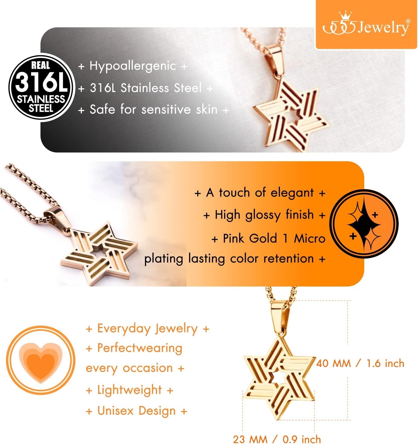 image:image555Jewelry Stainless Steel Star of David Necklace for Men amp Women 1624 Inch Box ChainRose Gold