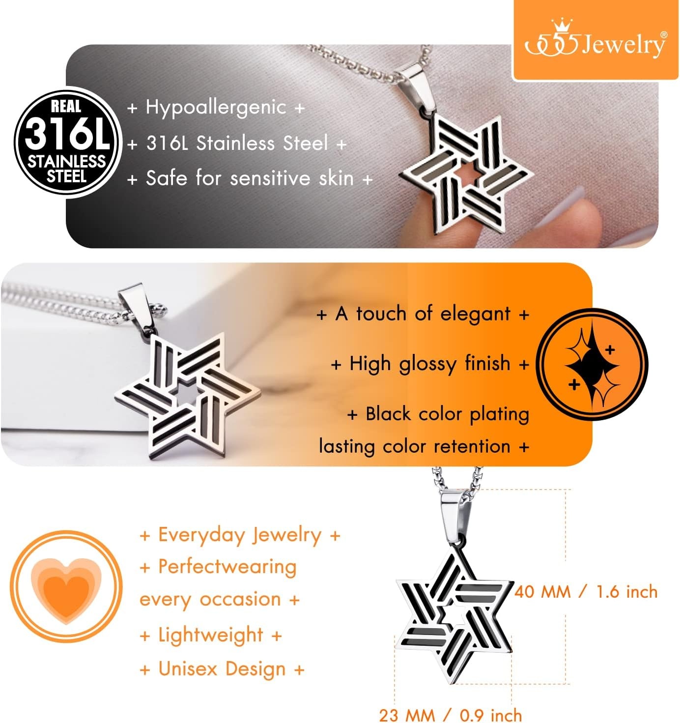 image:image555Jewelry Stainless Steel Star of David Necklace for Men amp Women 1624 Inch Box ChainSilverBlack