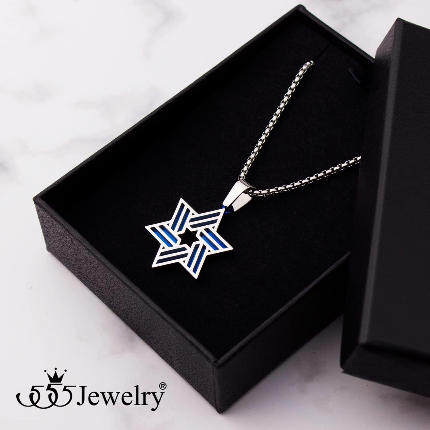 image:image555Jewelry Stainless Steel Star of David Necklace for Men amp Women 1624 Inch Box ChainSilverBlue
