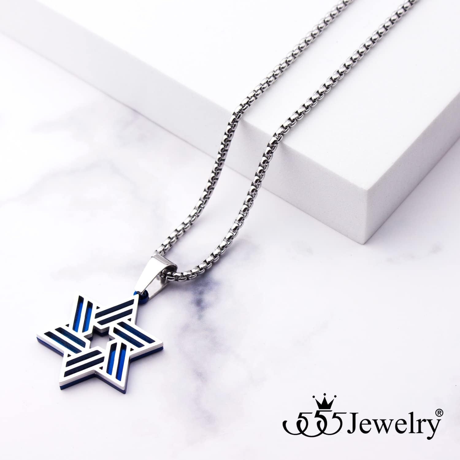 image:image555Jewelry Stainless Steel Star of David Necklace for Men amp Women 1624 Inch Box ChainSilverBlue