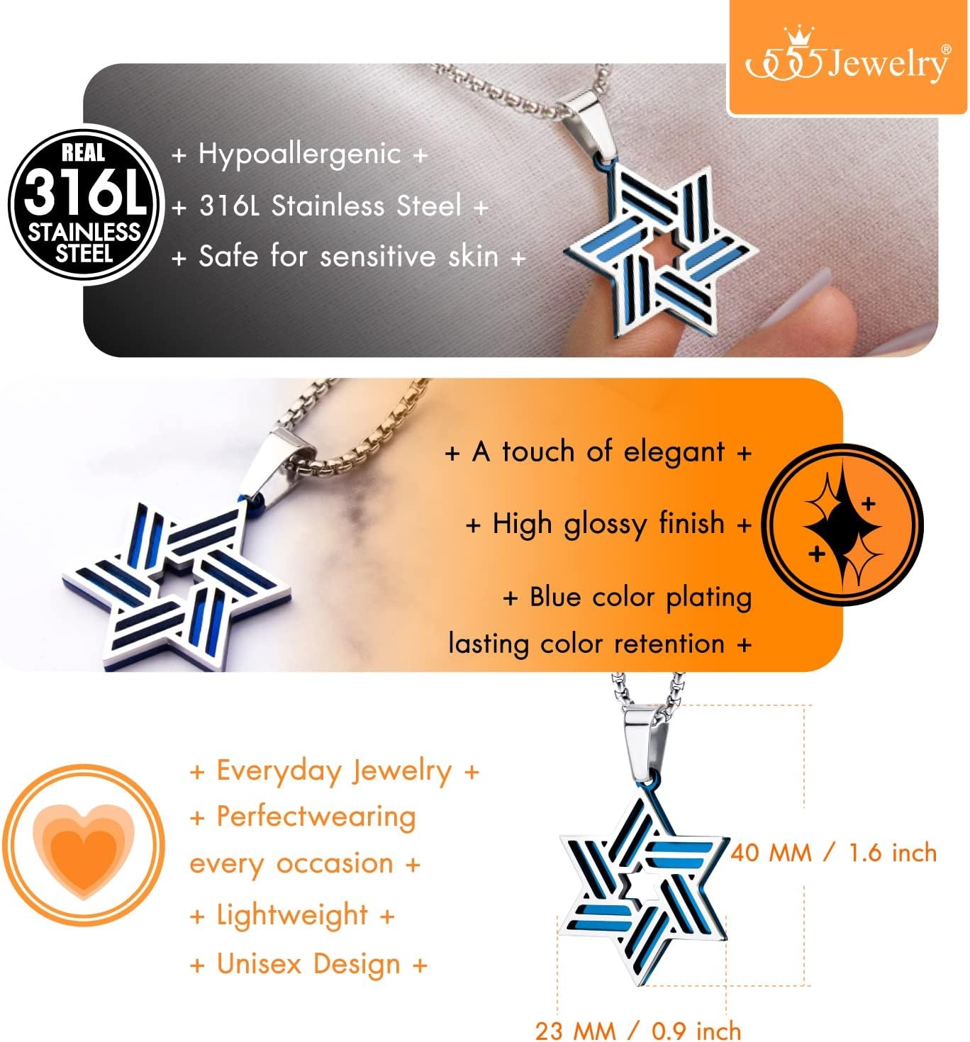 image:image555Jewelry Stainless Steel Star of David Necklace for Men amp Women 1624 Inch Box ChainSilverBlue