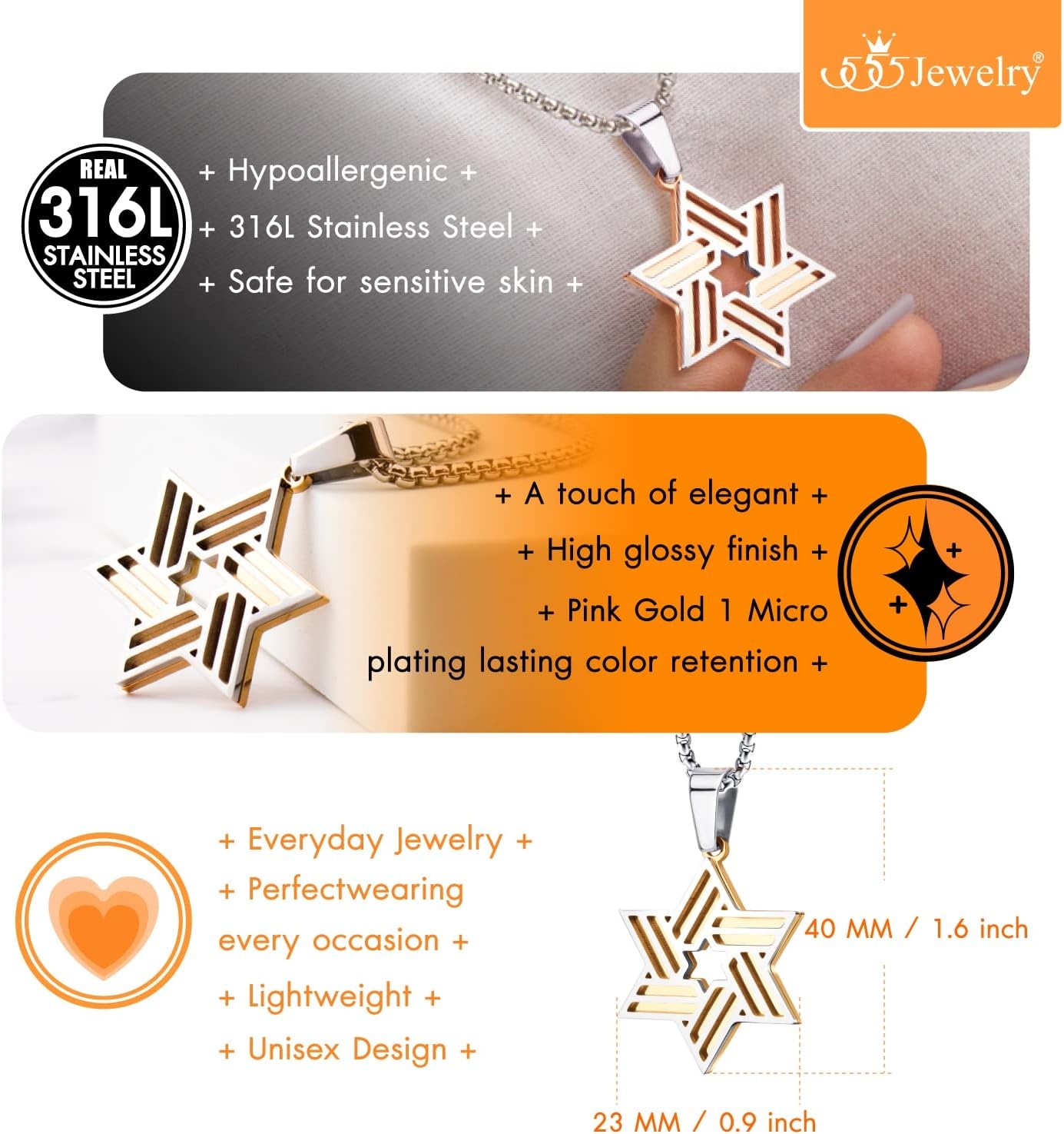 image:image555Jewelry Stainless Steel Star of David Necklace for Men amp Women 1624 Inch Box ChainSilverRose Gold