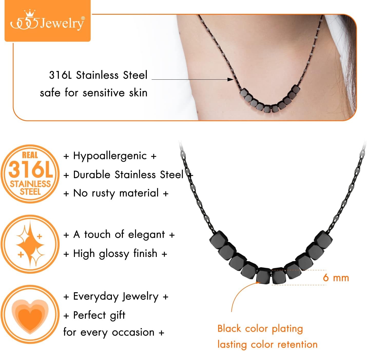 image:image555Jewelry Stainless Steel Tiny Sliding Cubes Anchor Chain Necklace for Women amp LadiesBlack