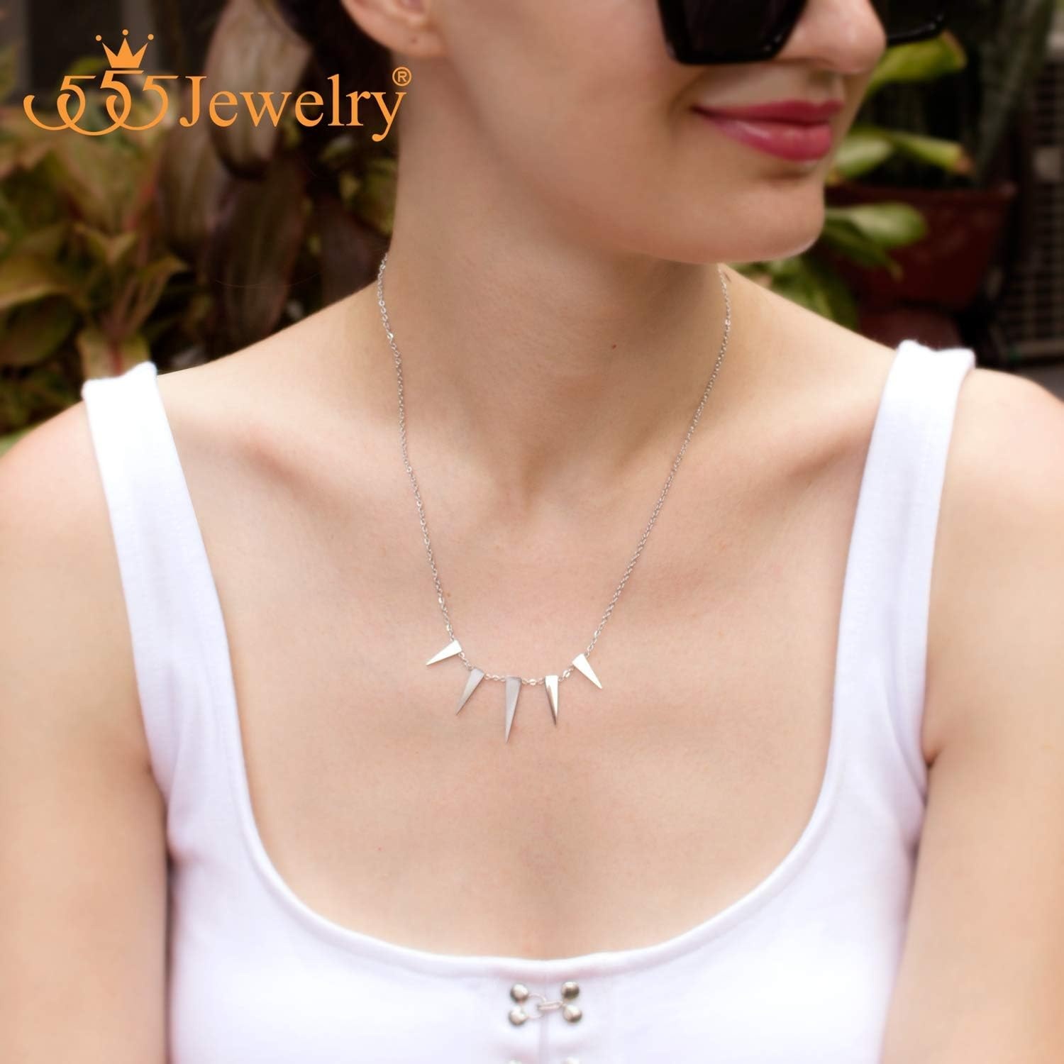 image:image555Jewelry Womens Figaro Chain Stainless Steel Spiky Triangle Pendant NecklaceSilver