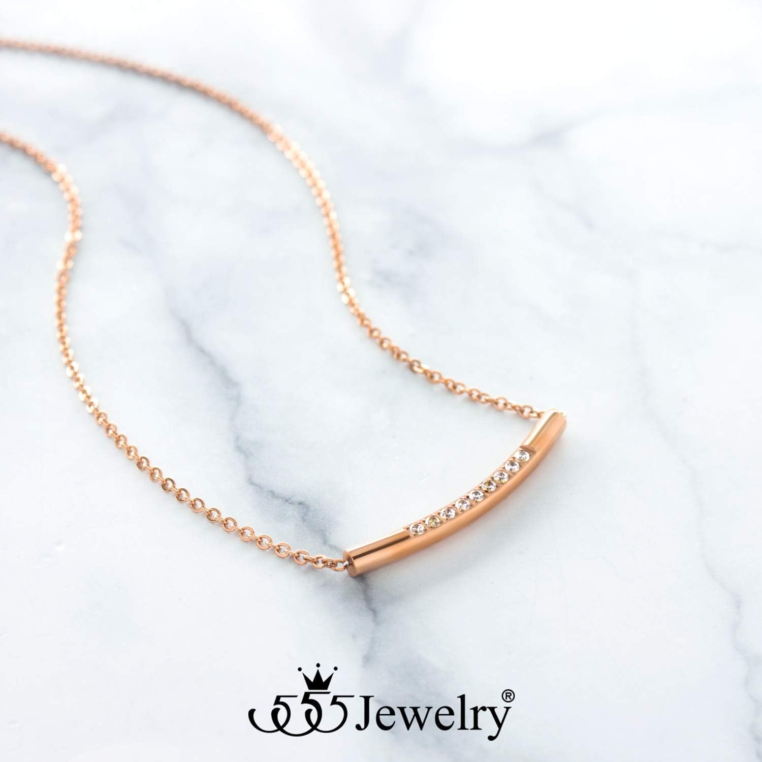 image:image555Jewelry Womens Stainless Steel Classic Bar Cubic Zirconia Pendant NecklacePink Rose Gold