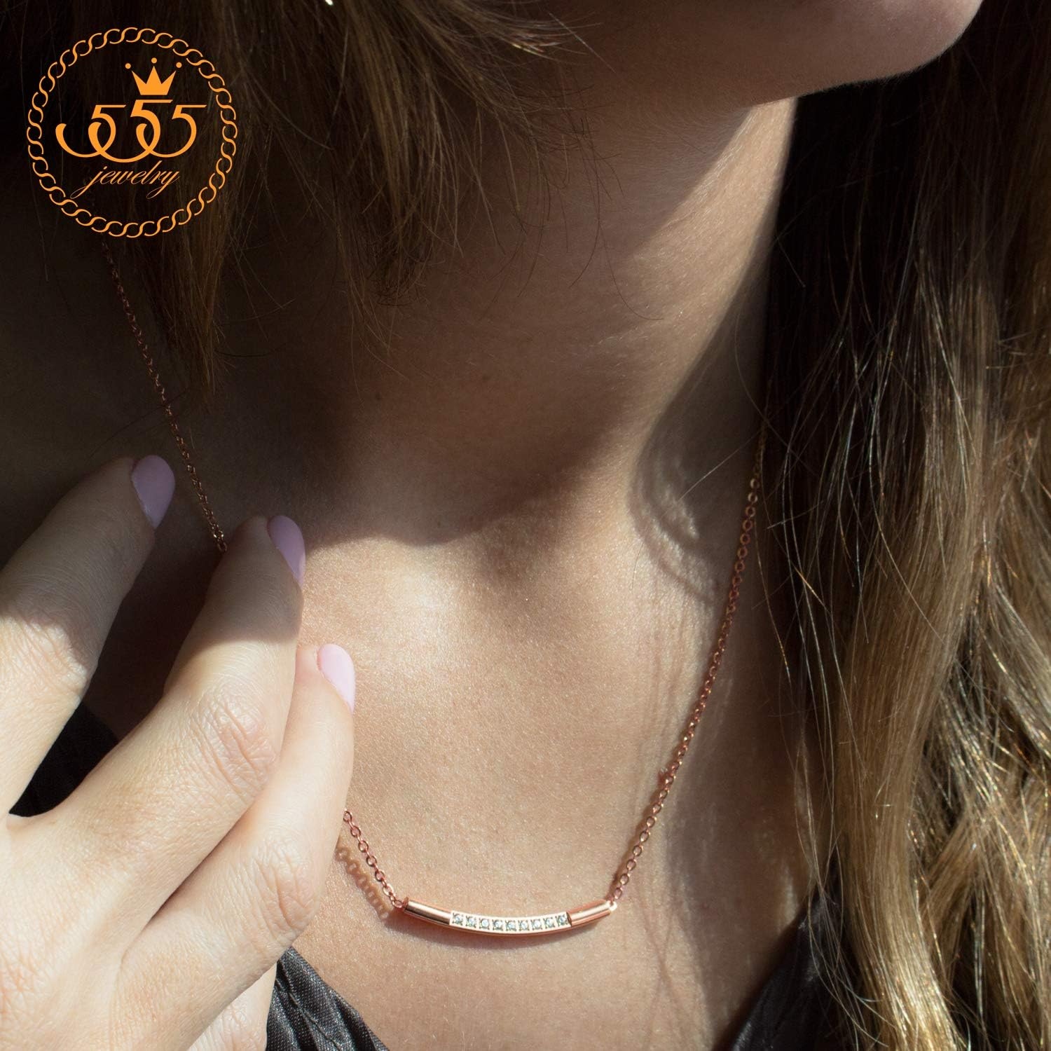 image:image555Jewelry Womens Stainless Steel Classic Bar Cubic Zirconia Pendant NecklacePink Rose Gold
