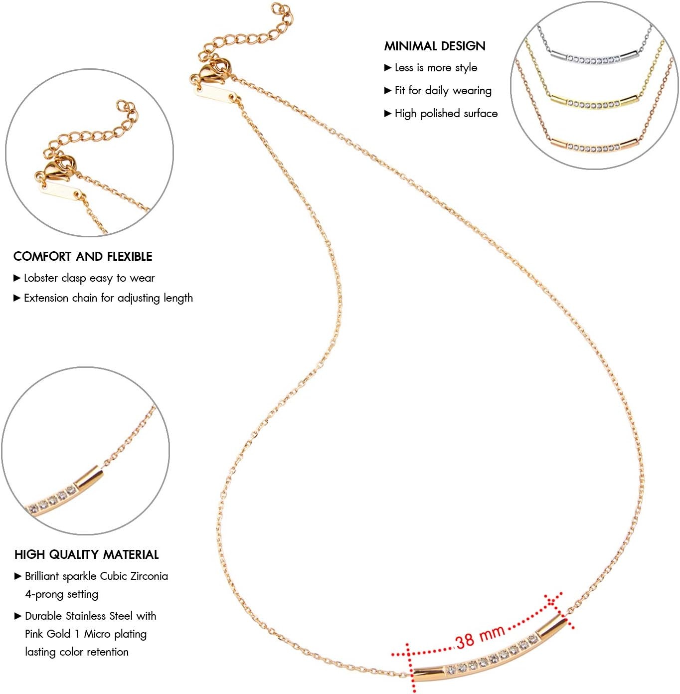 image:image555Jewelry Womens Stainless Steel Classic Bar Cubic Zirconia Pendant NecklacePink Rose Gold