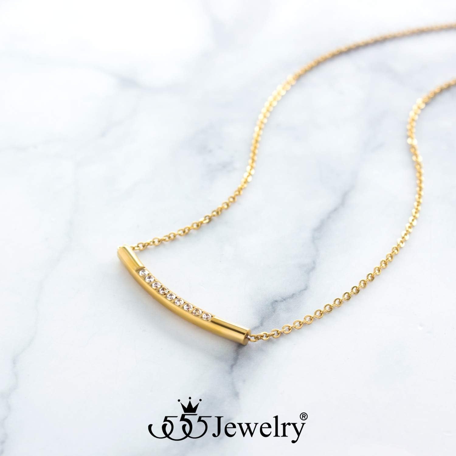 image:image555Jewelry Womens Stainless Steel Classic Bar Cubic Zirconia Pendant NecklaceYellow Gold