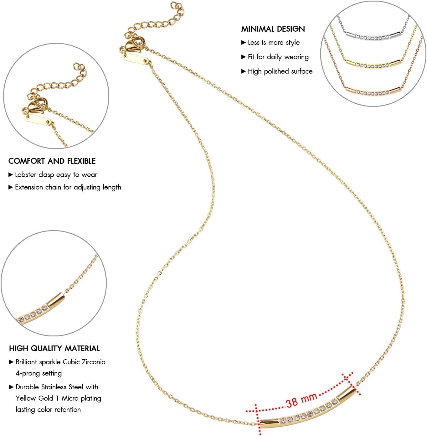image:image555Jewelry Womens Stainless Steel Classic Bar Cubic Zirconia Pendant NecklaceYellow Gold
