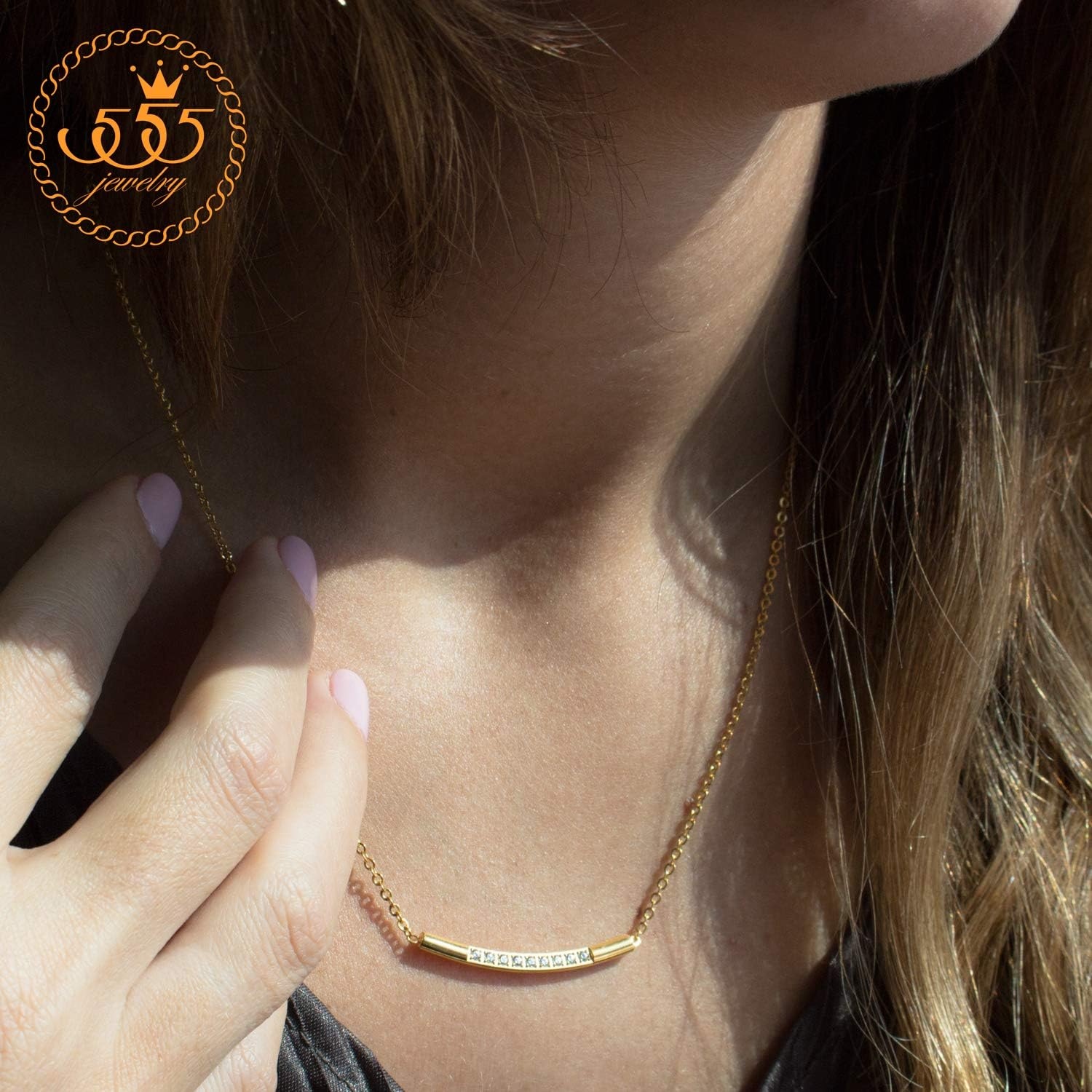 image:image555Jewelry Womens Stainless Steel Classic Bar Cubic Zirconia Pendant NecklaceYellow Gold