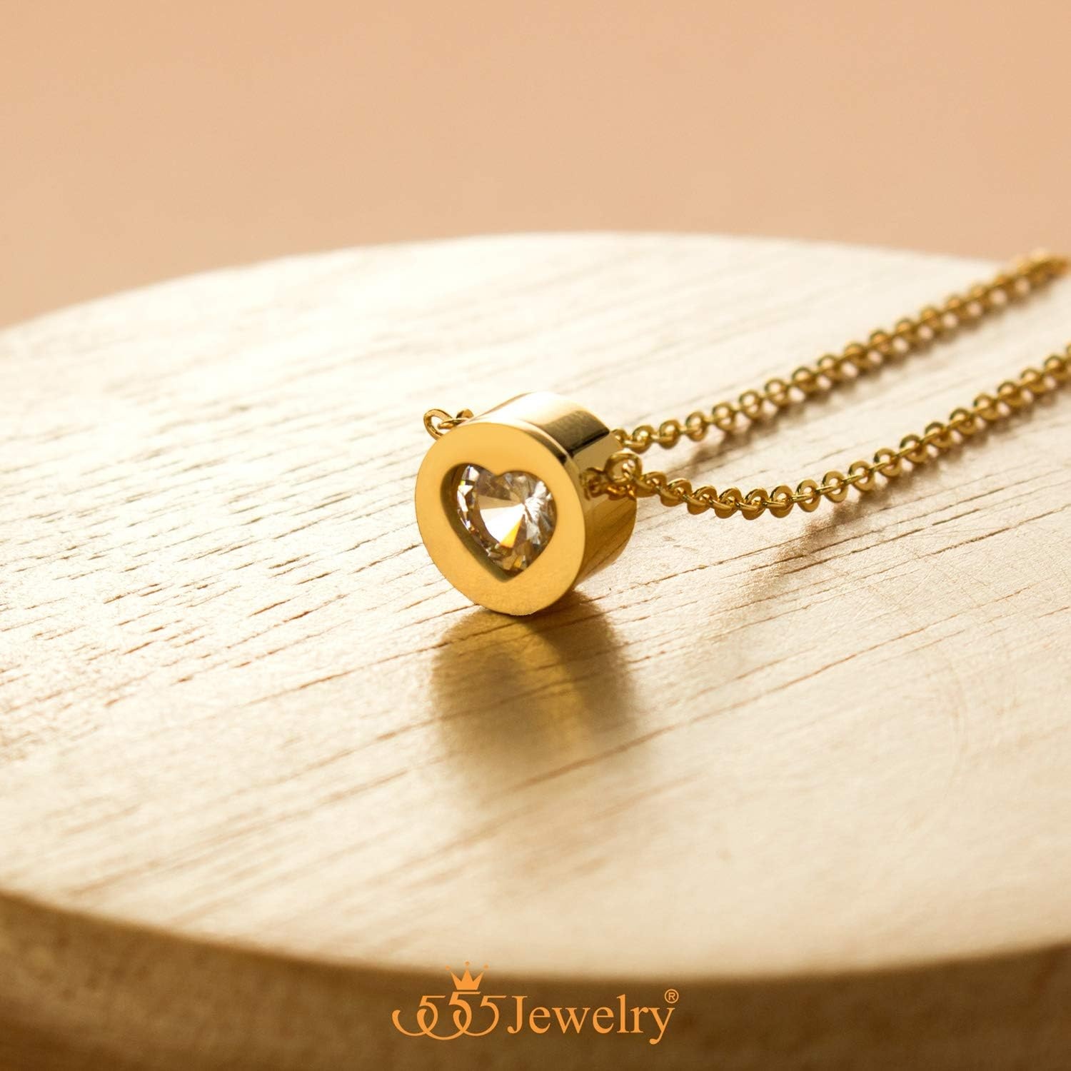 image:image555Jewelry Womens Stainless Steel Heart CZ Engraved Round Disc Pendant NecklaceYellow Gold