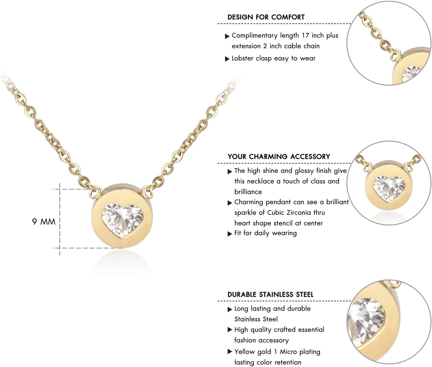 image:image555Jewelry Womens Stainless Steel Heart CZ Engraved Round Disc Pendant NecklaceYellow Gold