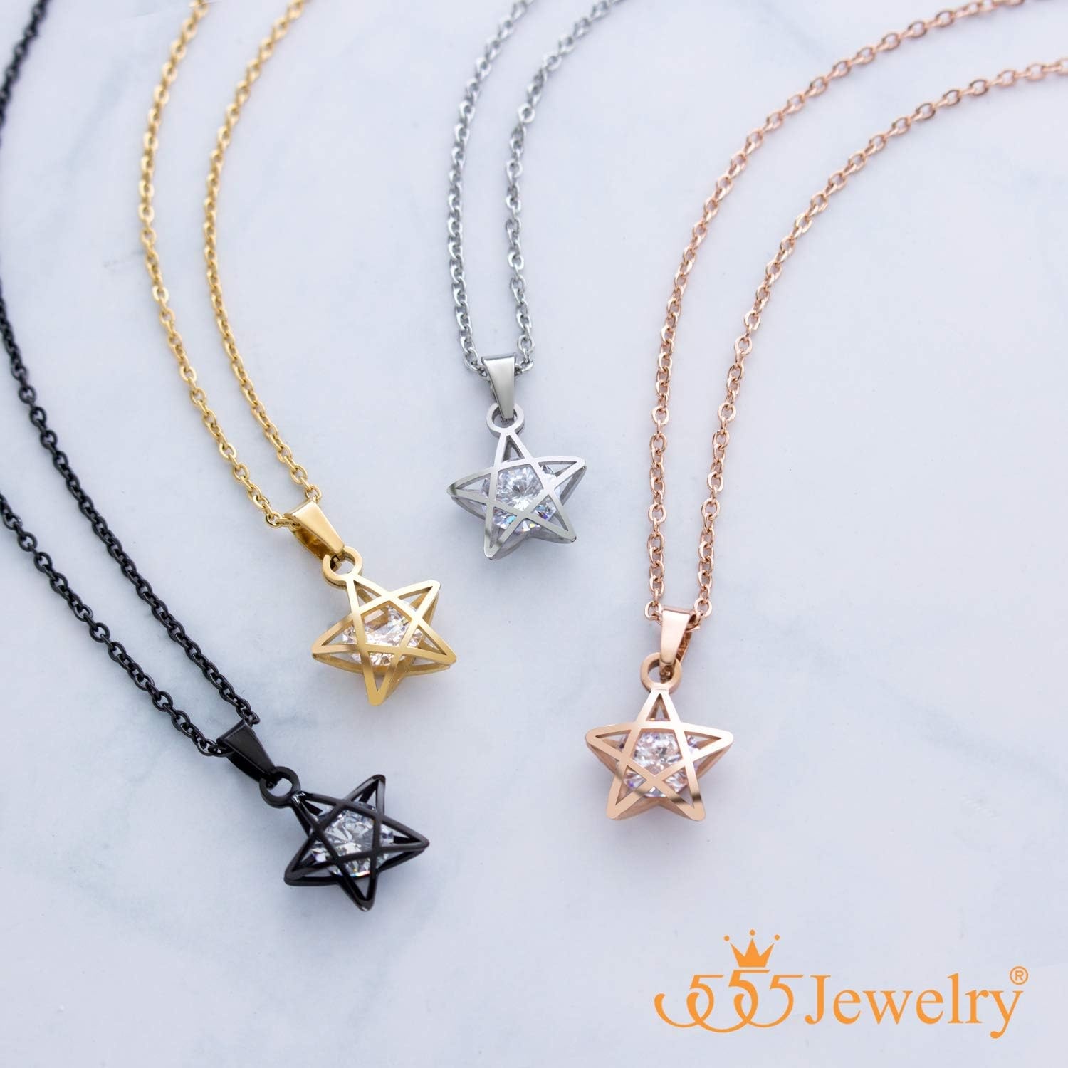 image:image555Jewelry Womens Stainless Steel Star Cubic Zirconia Minimal Pendant NecklaceSilver