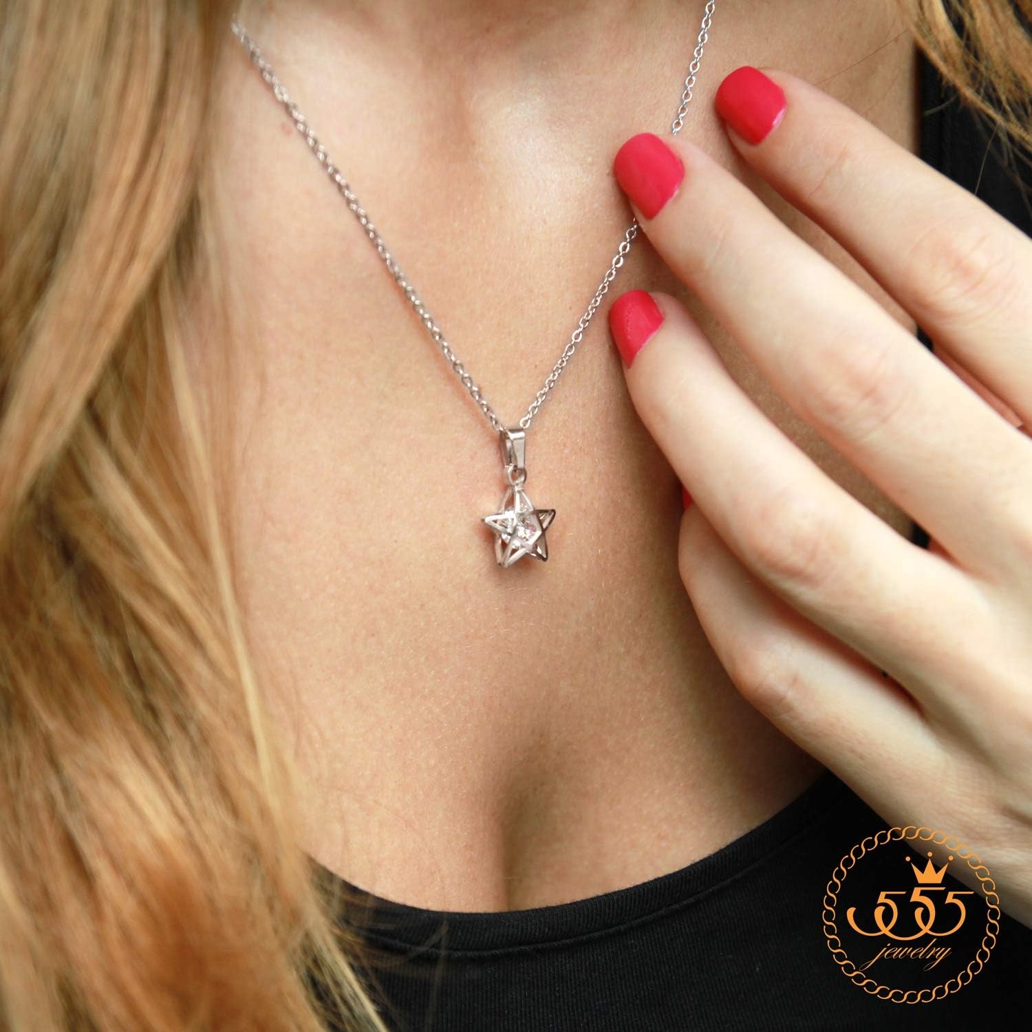 image:image555Jewelry Womens Stainless Steel Star Cubic Zirconia Minimal Pendant NecklaceSilver
