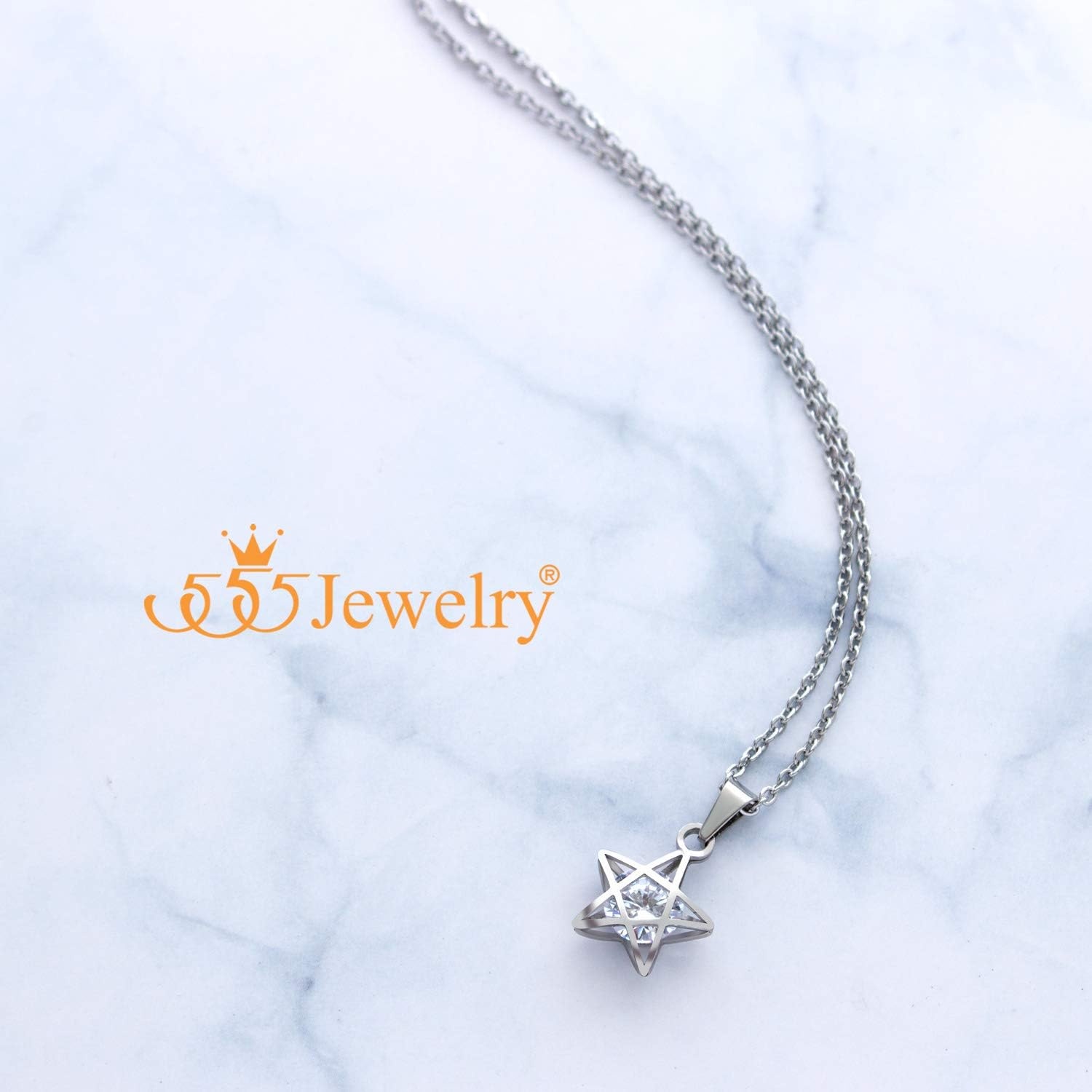 image:image555Jewelry Womens Stainless Steel Star Cubic Zirconia Minimal Pendant NecklaceSilver
