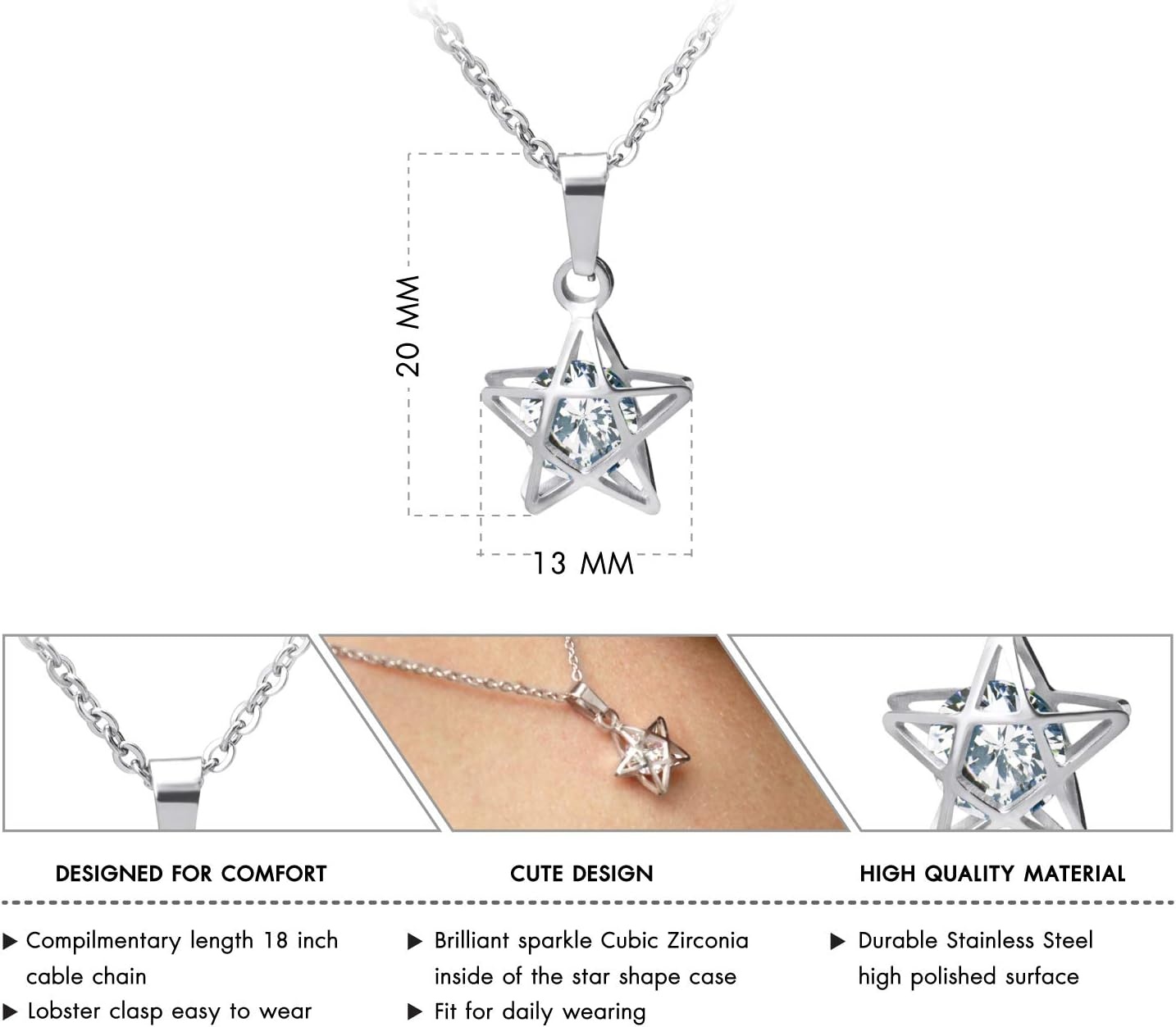 image:image555Jewelry Womens Stainless Steel Star Cubic Zirconia Minimal Pendant NecklaceSilver