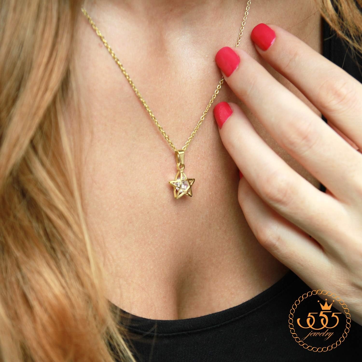 image:image555Jewelry Womens Stainless Steel Star Cubic Zirconia Minimal Pendant NecklaceYellow Gold