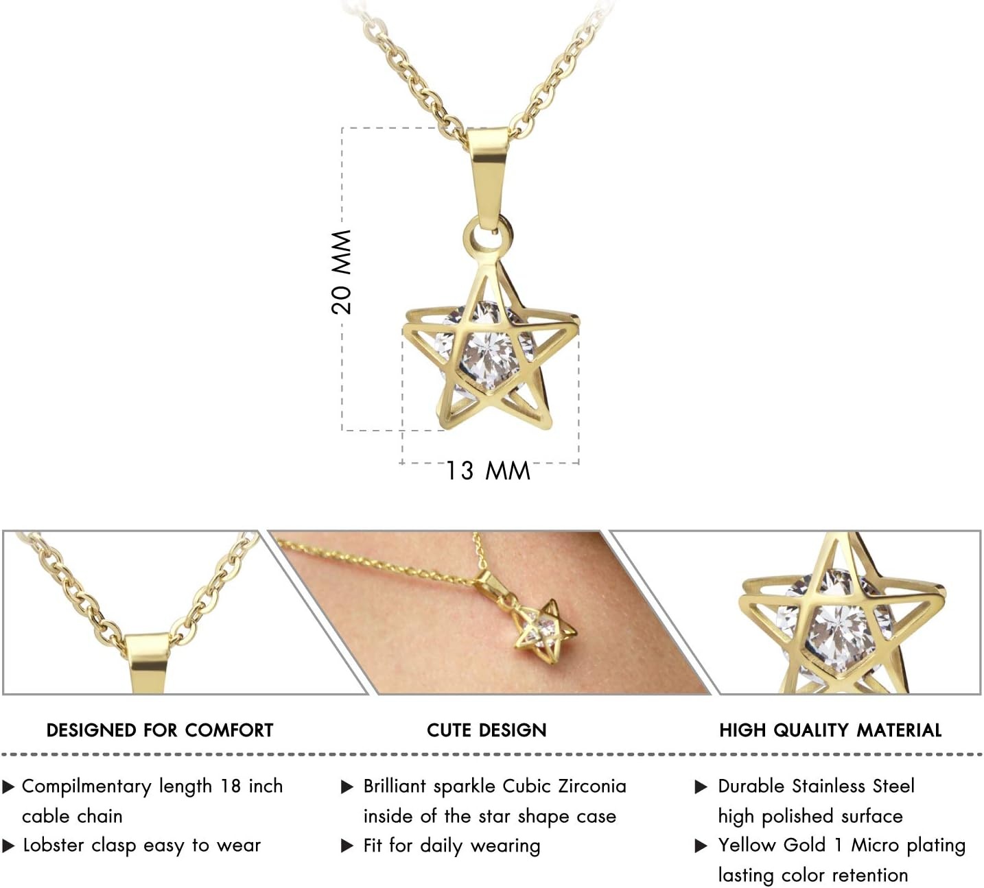 image:image555Jewelry Womens Stainless Steel Star Cubic Zirconia Minimal Pendant NecklaceYellow Gold