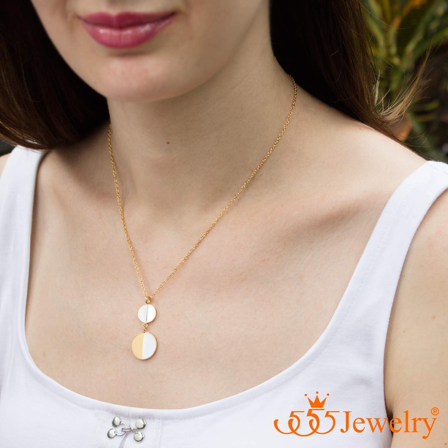 image:image555Jewelry Womens Stainless Steel Two Tone Circle Dangle Drop Pendant NecklaceGold White on Gold