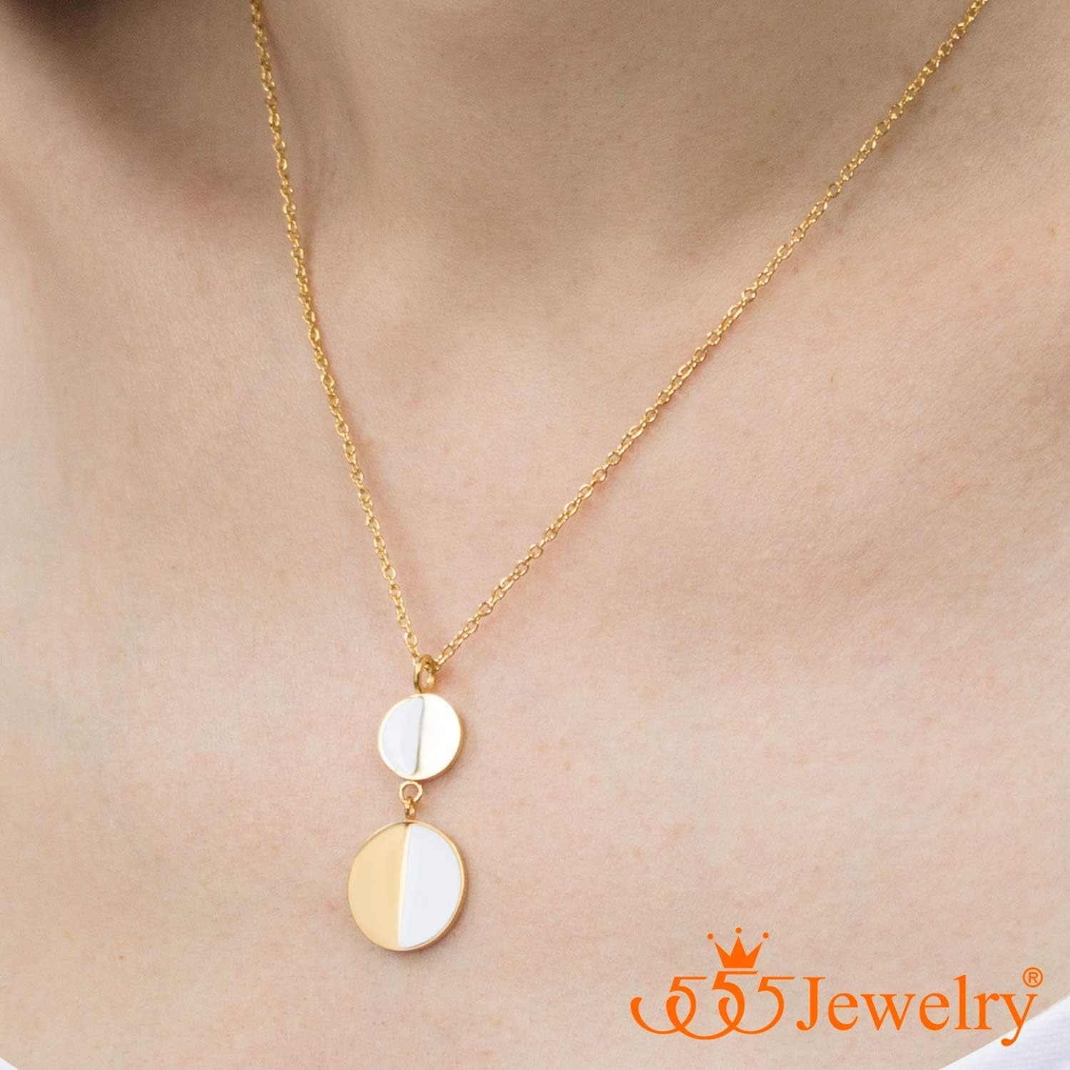image:image555Jewelry Womens Stainless Steel Two Tone Circle Dangle Drop Pendant NecklaceGold White on Gold