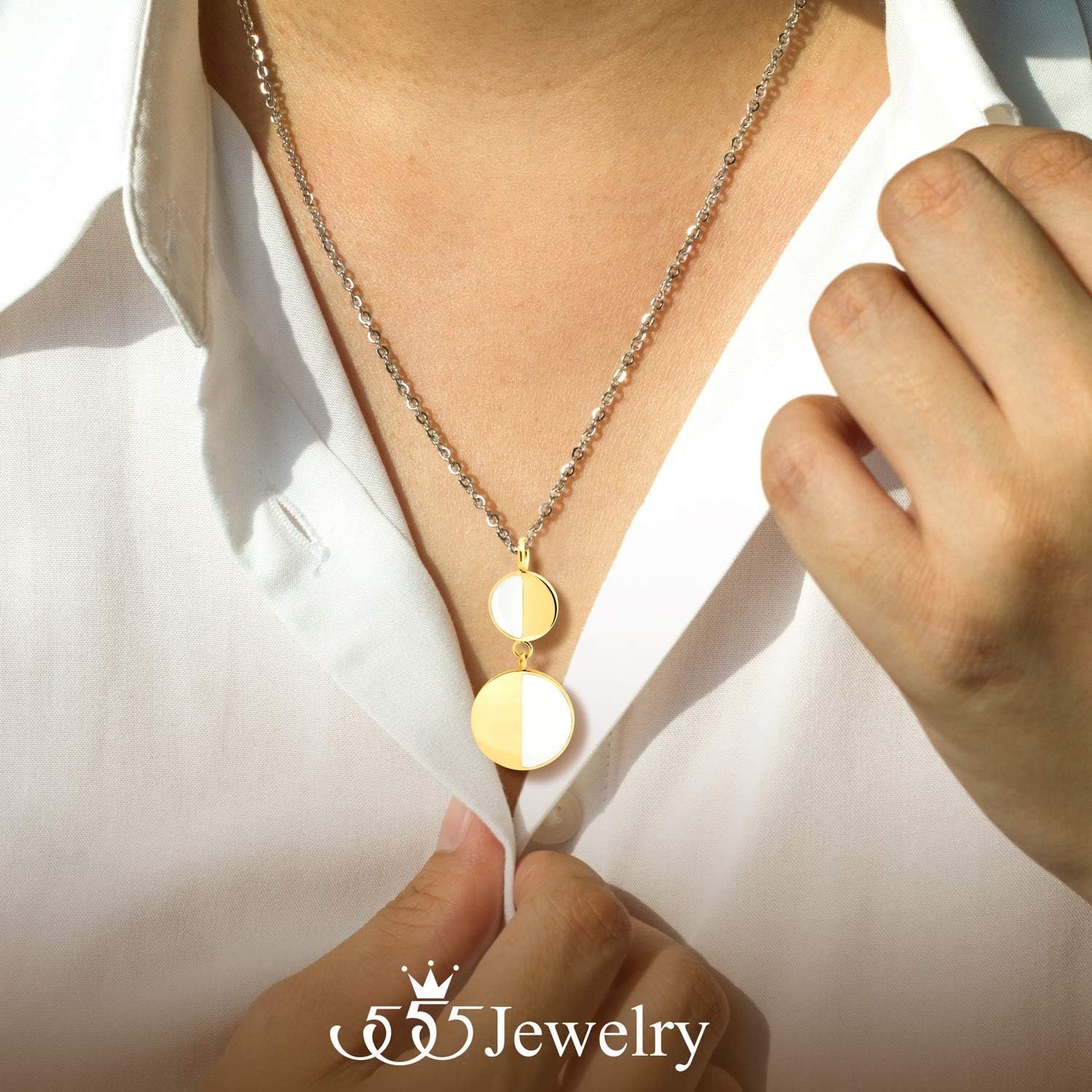 image:image555Jewelry Womens Stainless Steel Two Tone Circle Dangle Drop Pendant NecklaceGold White on Gold