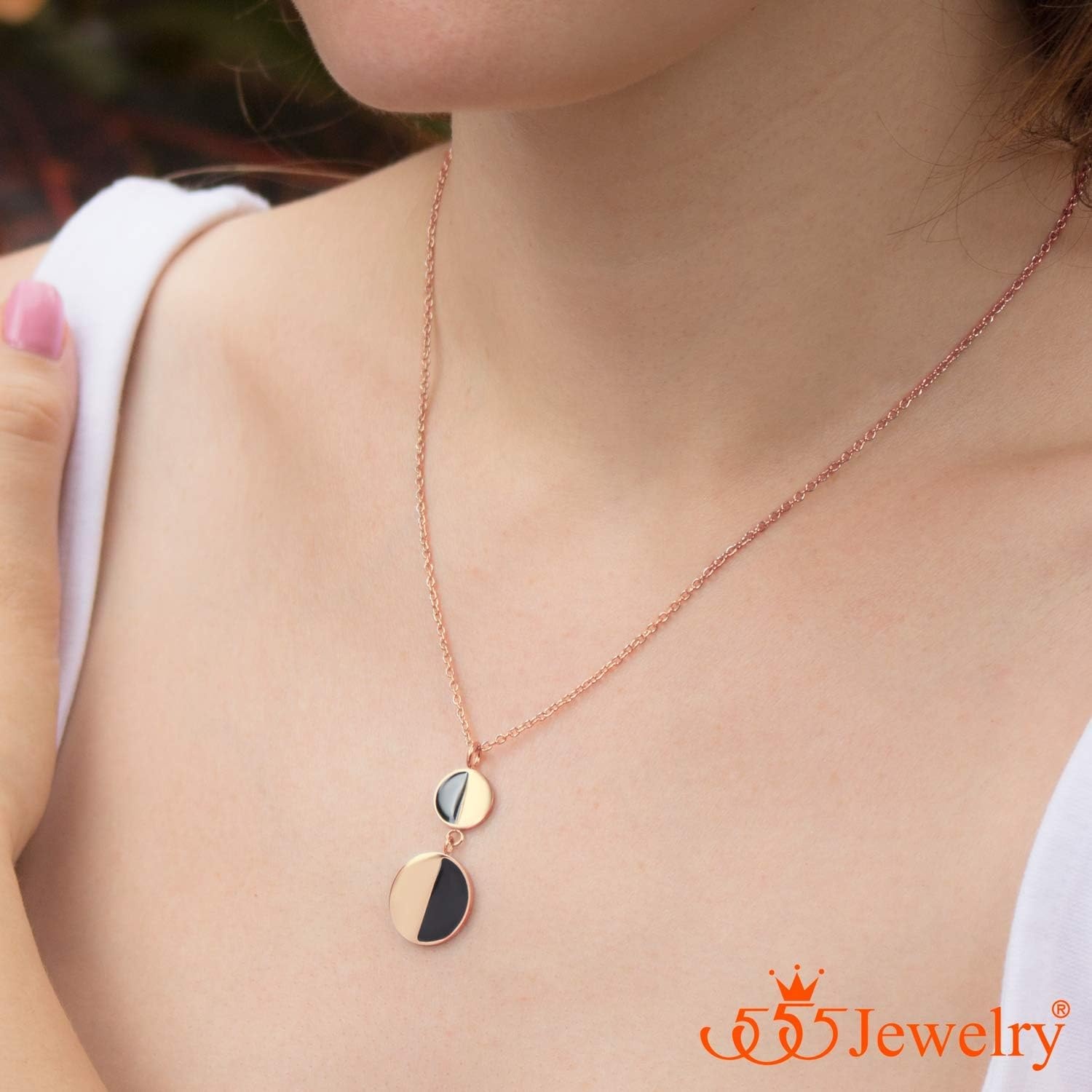 image:image555Jewelry Womens Stainless Steel Two Tone Circle Dangle Drop Pendant NecklacePink Rose Gold Black
