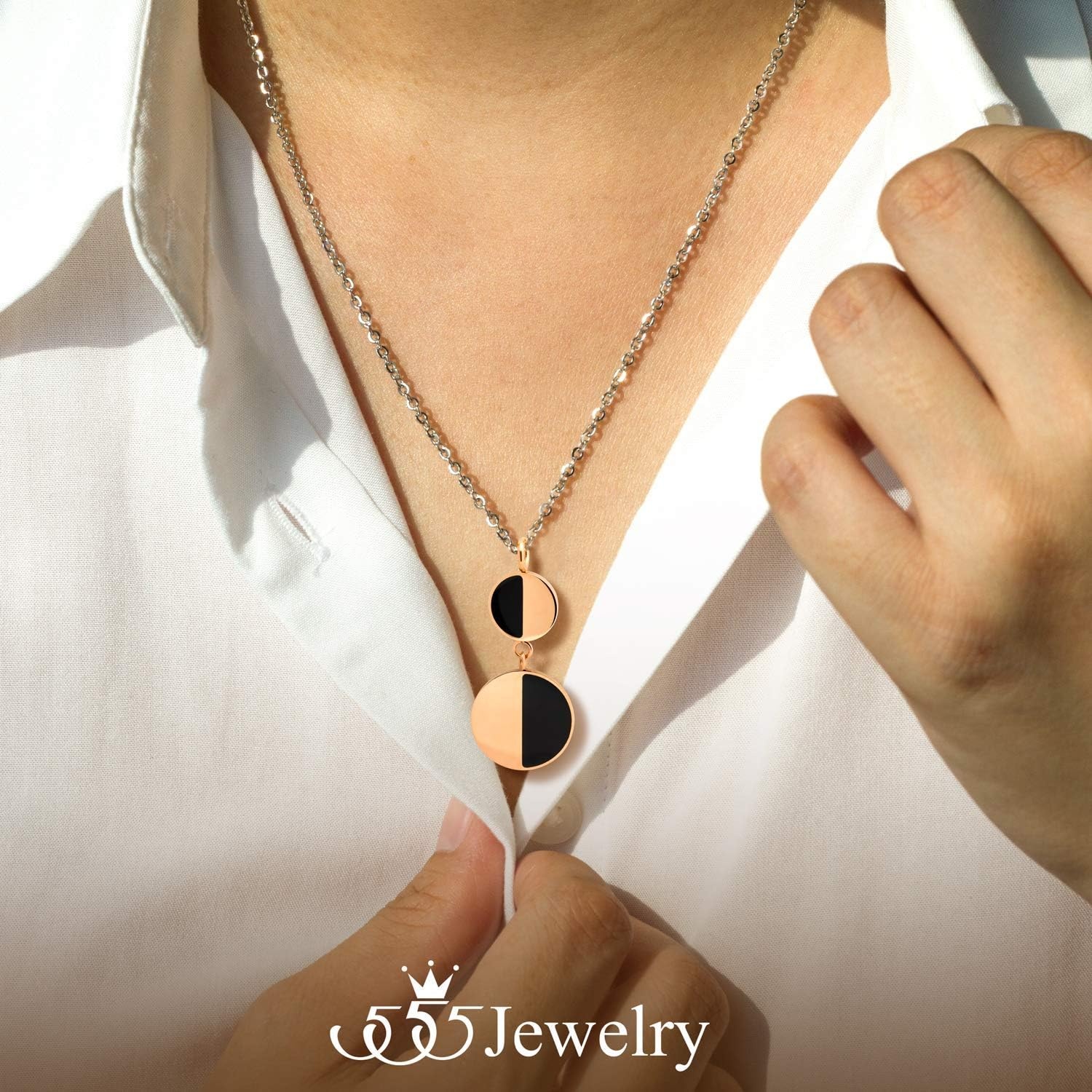 image:image555Jewelry Womens Stainless Steel Two Tone Circle Dangle Drop Pendant NecklacePink Rose Gold Black
