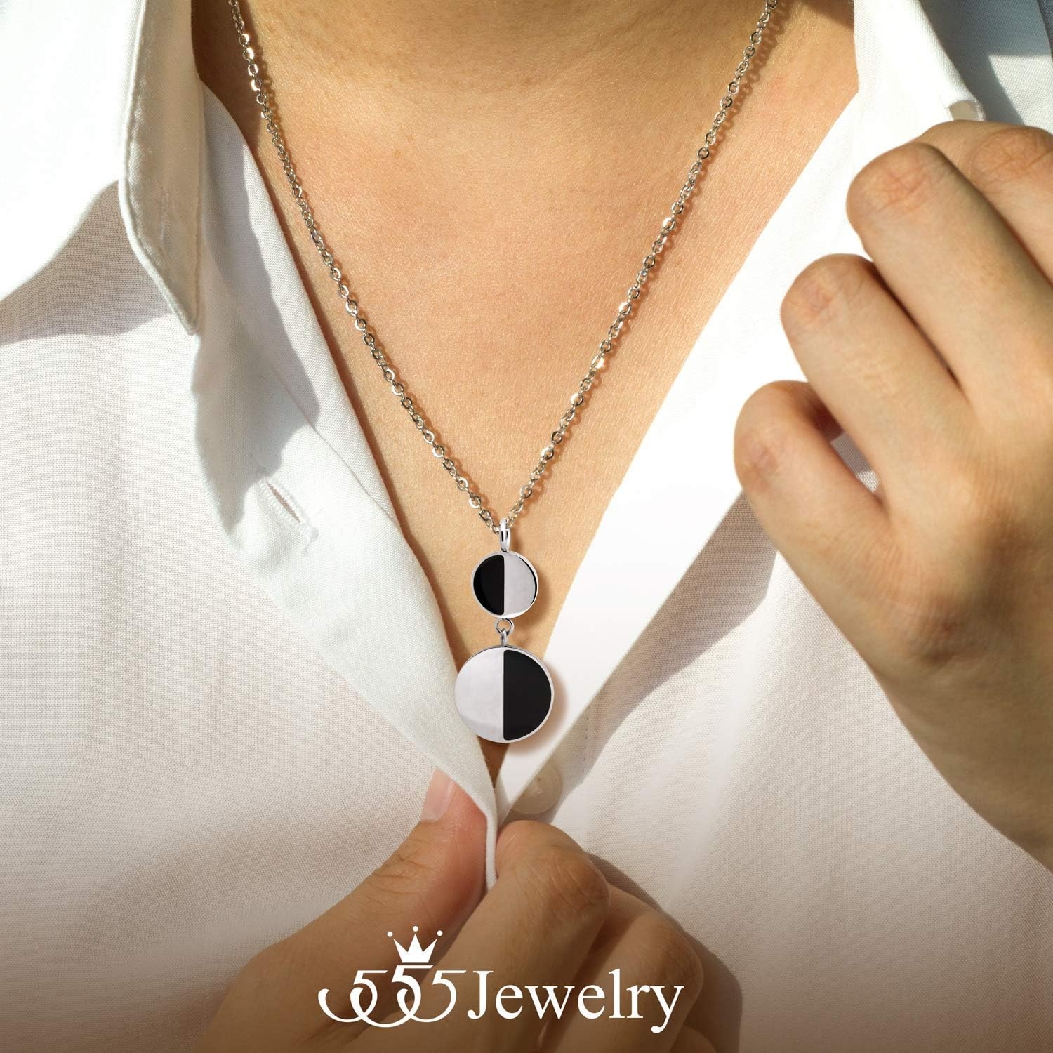 image:image555Jewelry Womens Stainless Steel Two Tone Circle Dangle Drop Pendant NecklaceSilver Black on Silver