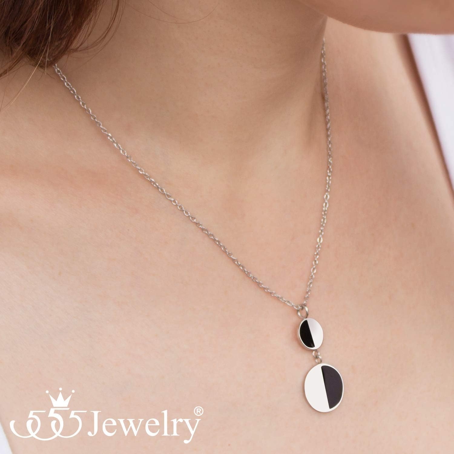 image:image555Jewelry Womens Stainless Steel Two Tone Circle Dangle Drop Pendant NecklaceSilver Black on Silver