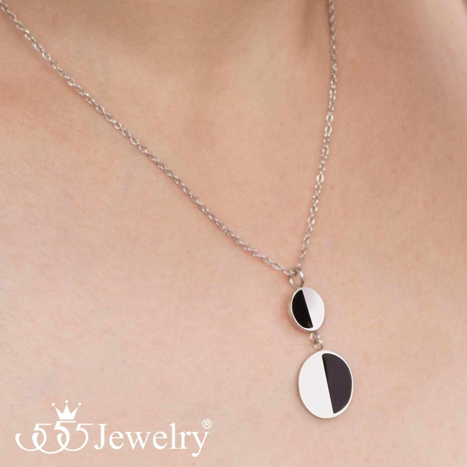image:image555Jewelry Womens Stainless Steel Two Tone Circle Dangle Drop Pendant NecklaceSilver Black on Silver