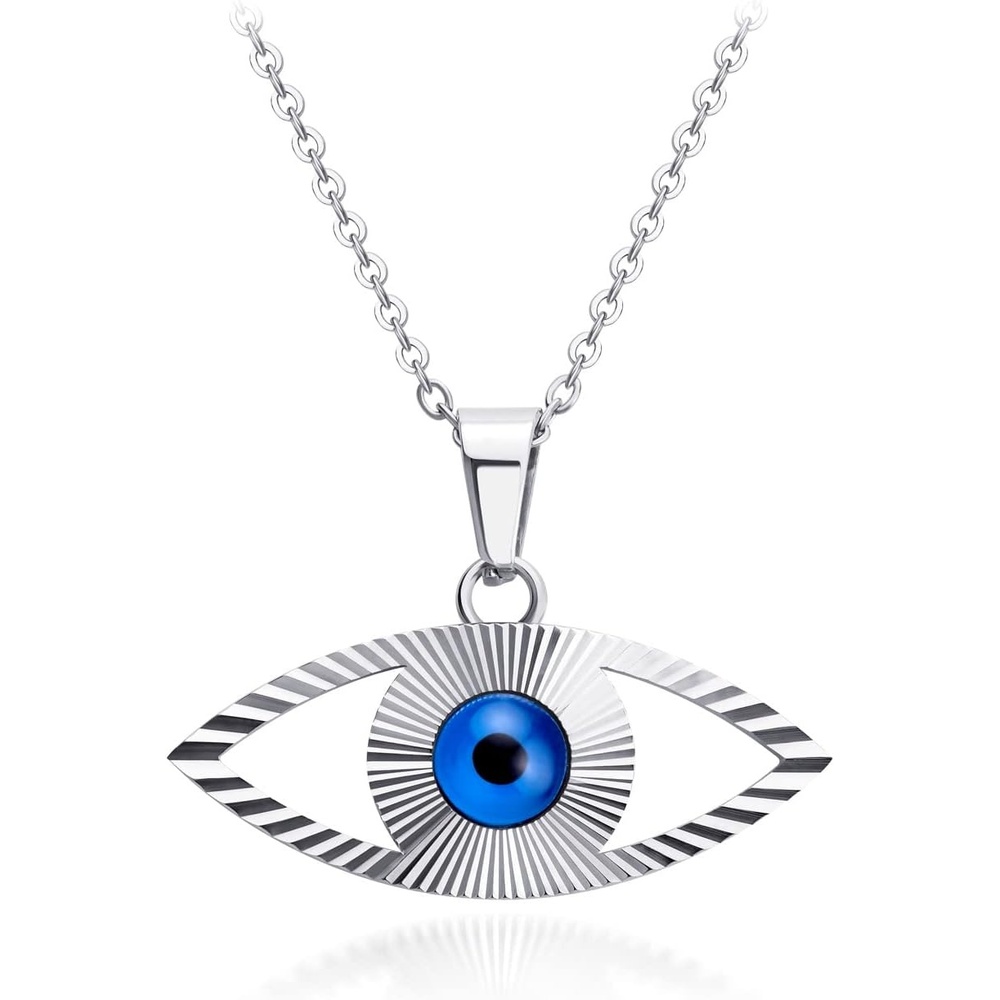 image:image555Jewelry Stainless Steel Blue CZ Evil Eye Necklace Pendant 1820 ChainSilver