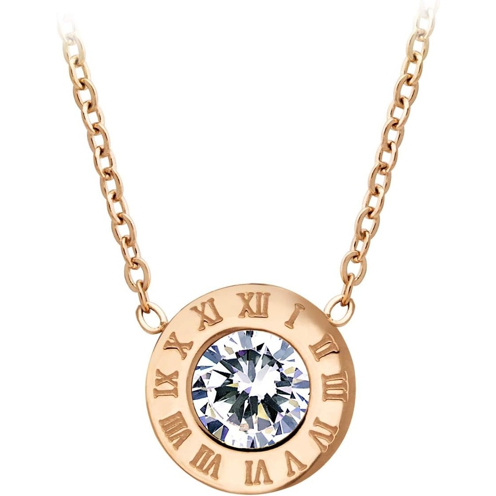 image:image555Jewelry Stainless Steel Roman Letters Solitaire CZ Necklace for Women amp LadiesRose Gold