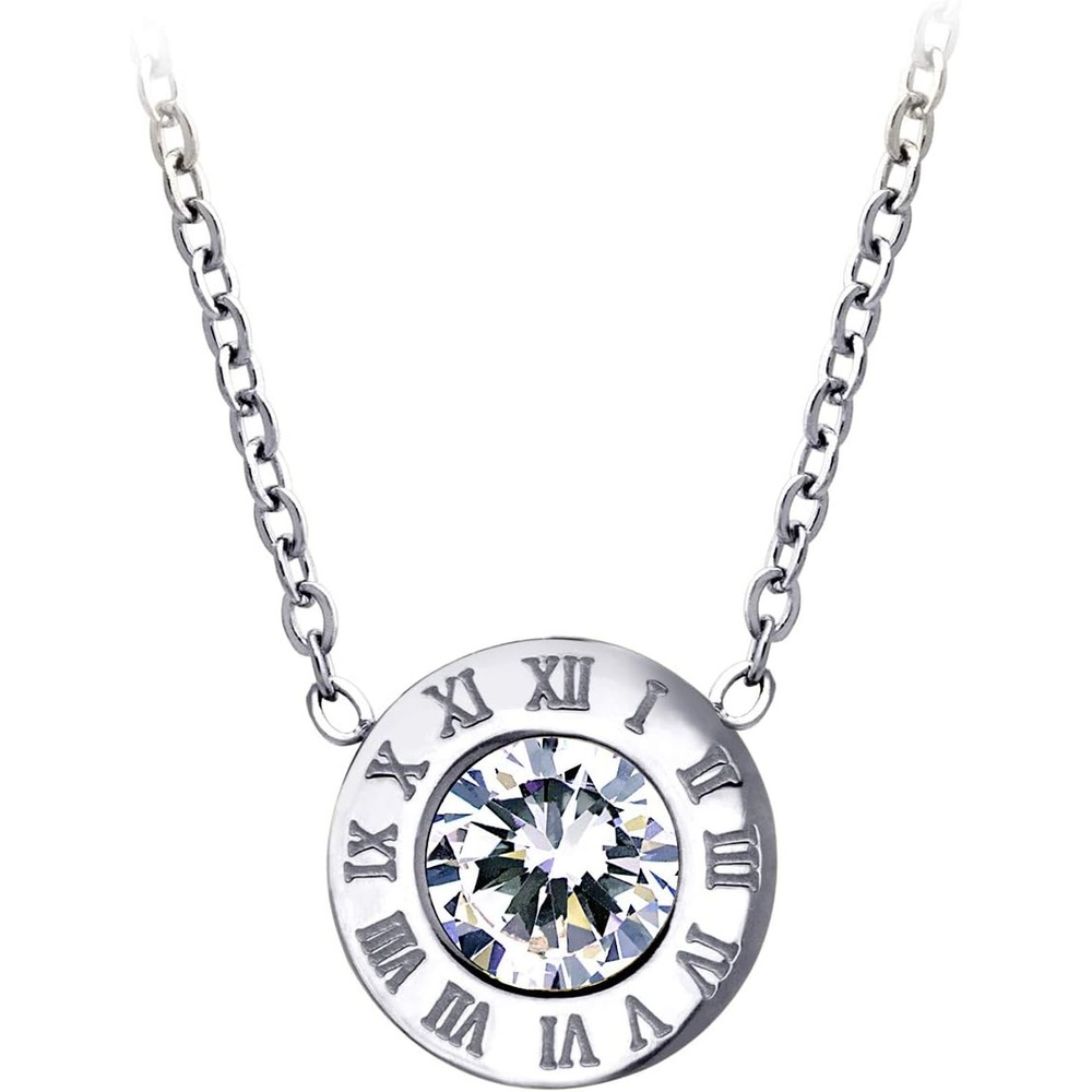 image:image555Jewelry Stainless Steel Roman Letters Solitaire CZ Necklace for Women amp LadiesSilver