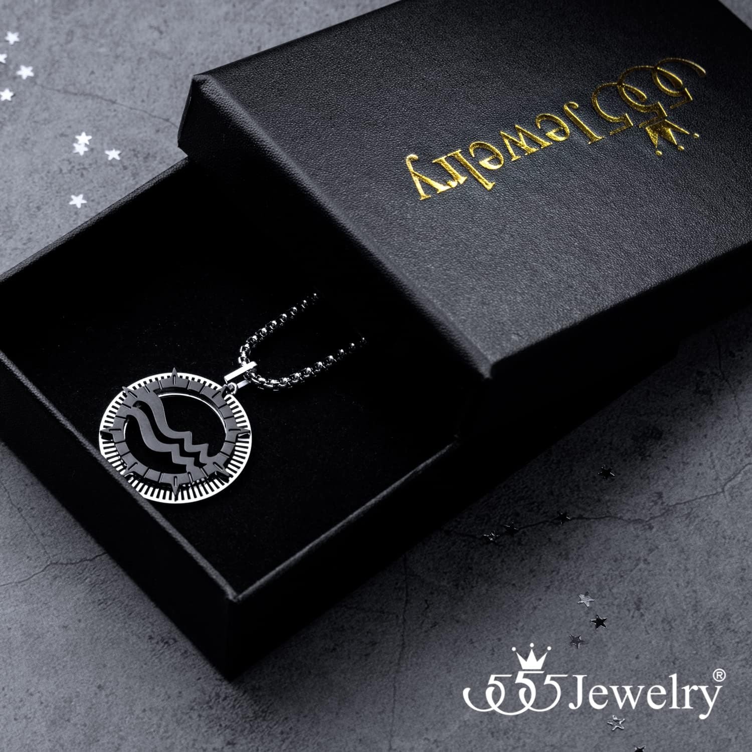 image:image555Jewelry Stainless Steel Horoscope Zodiac Sign Necklace Pendant for Men amp Women Aquarius SilverBlack
